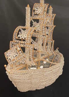 Beautiful Vintage Large Italian Crystal Beaded Gilt Boat Chandelier Ship Fixture