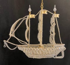 Beautiful Vintage Large Italian Crystal Beaded Gilt Boat Chandelier Ship Fixture