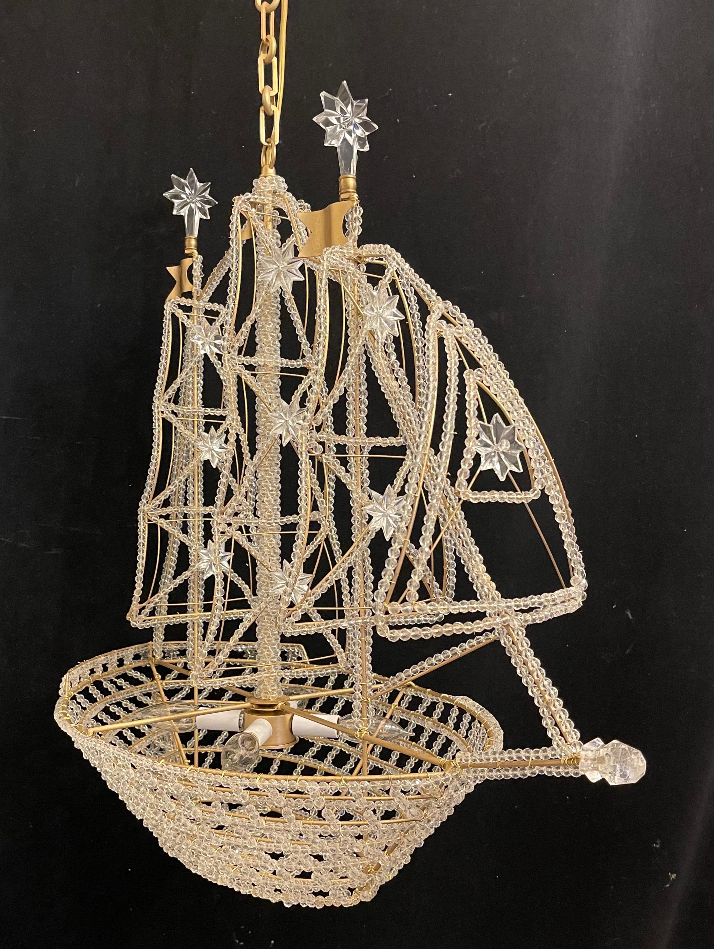 Belle Époque Beautiful Vintage Large Italian Crystal Beaded Gilt Boat Chandelier Ship Fixture