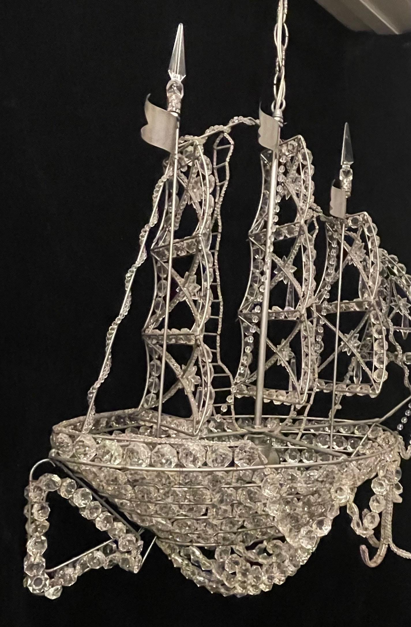 Hand-Crafted Beautiful Vintage Large Italian Crystal Beaded Gilt Boat Chandelier Ship Fixture For Sale