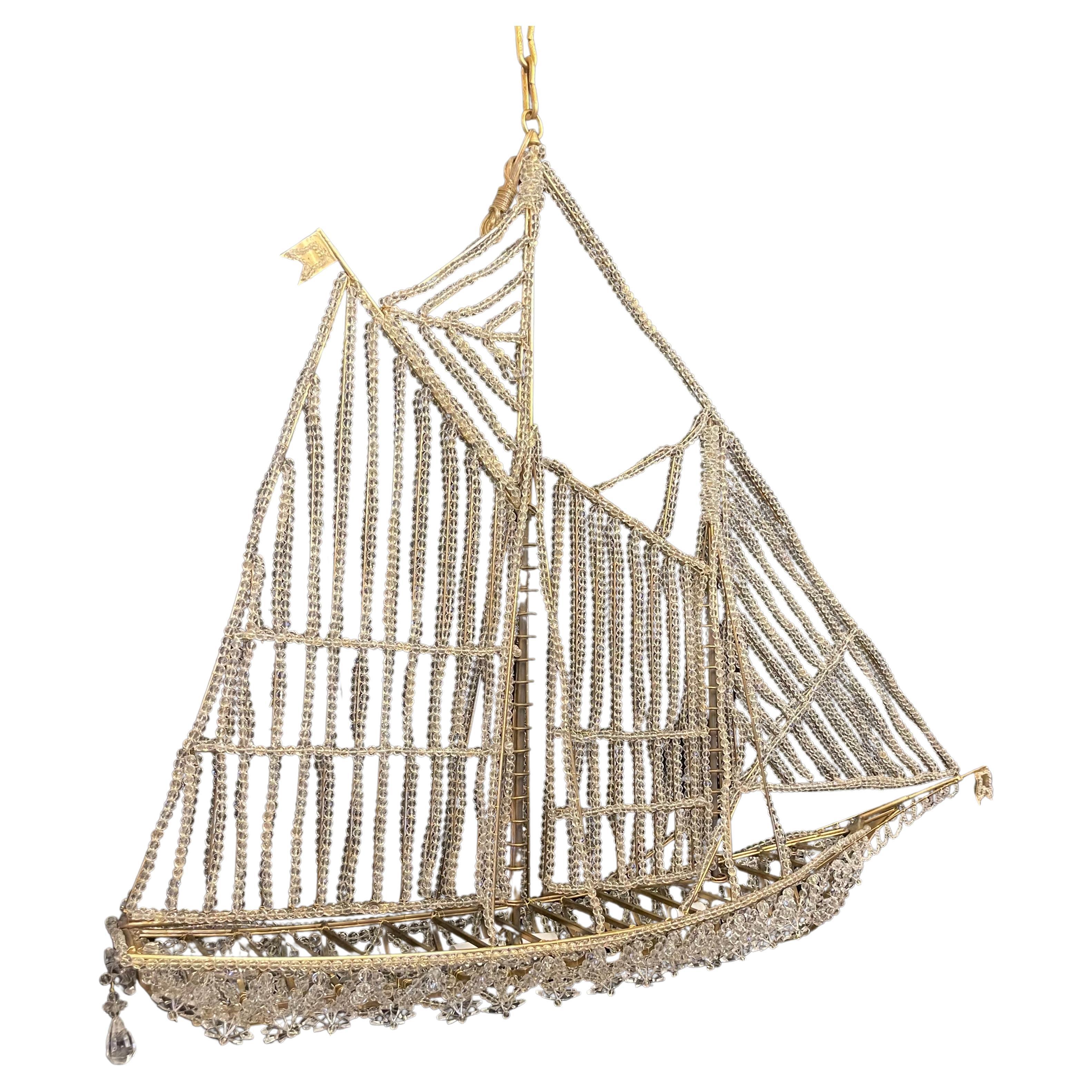 Belle Époque Beautiful Vintage Large Italian Crystal Beaded Gilt Boat Chandelier Ship Fixture