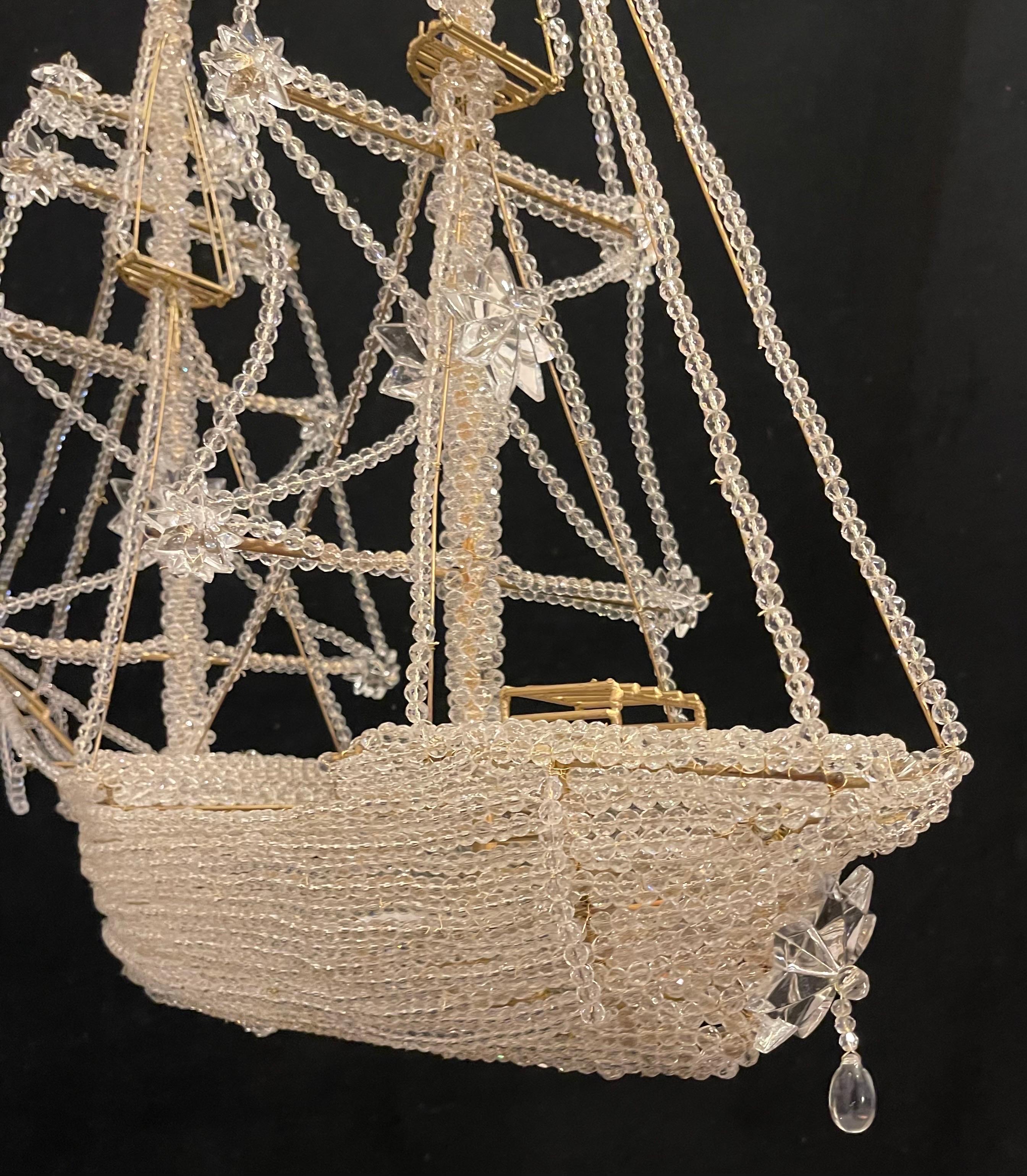 Beautiful Vintage Large Italian Crystal Beaded Gilt Boat Chandelier Ship Fixture In Good Condition For Sale In Roslyn, NY