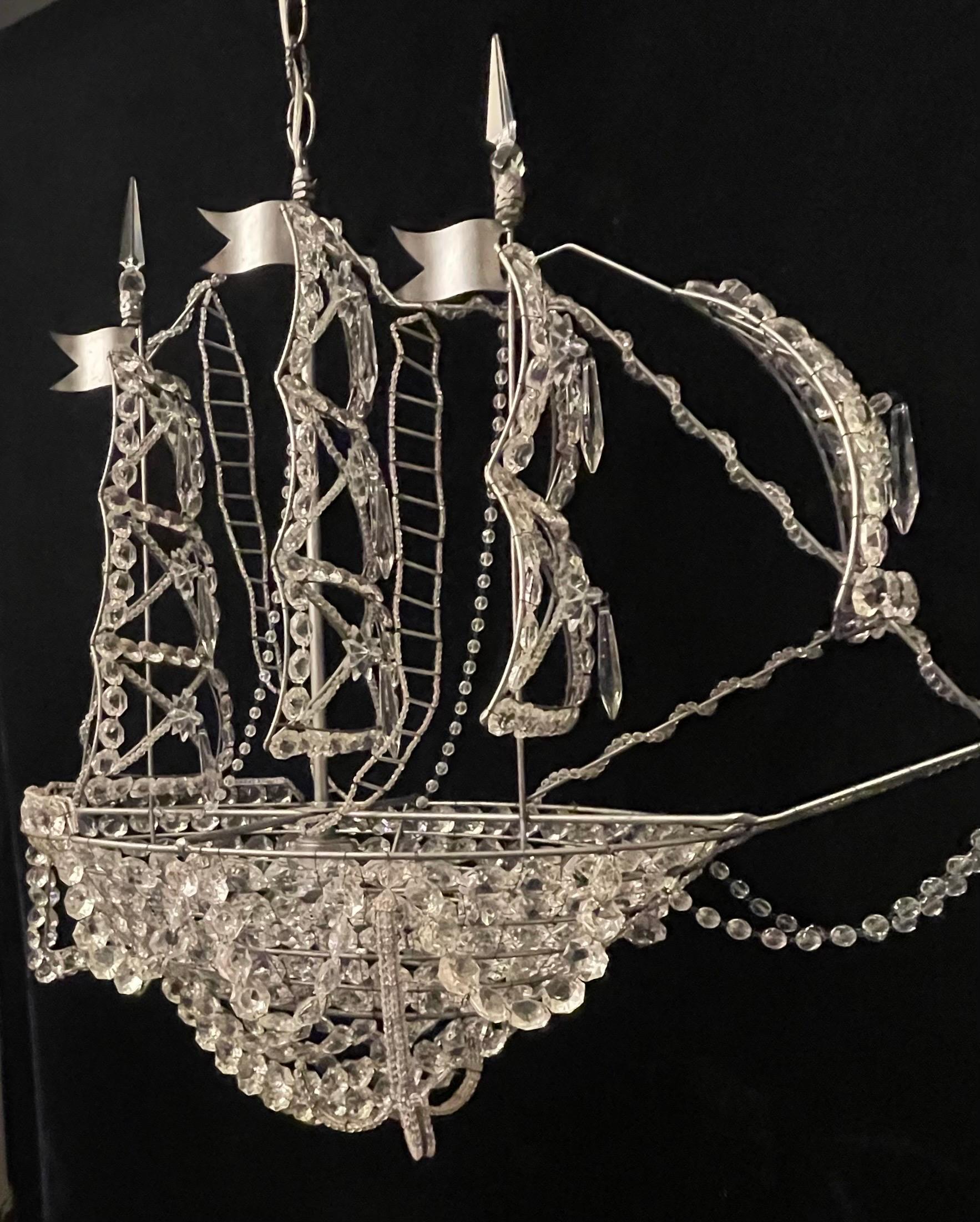 20th Century Beautiful Vintage Large Italian Crystal Beaded Gilt Boat Chandelier Ship Fixture For Sale