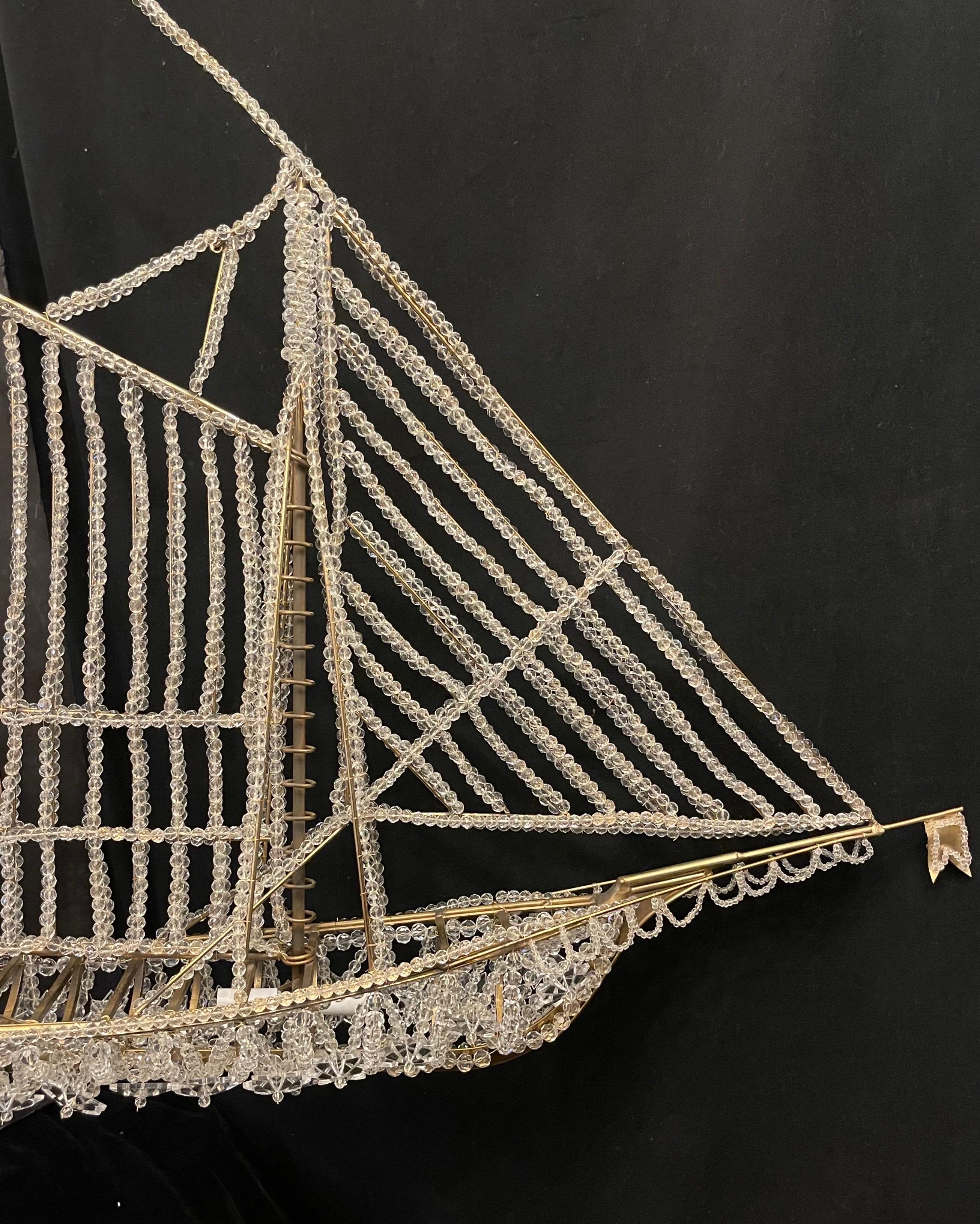 20th Century Beautiful Vintage Large Italian Crystal Beaded Gilt Boat Chandelier Ship Fixture