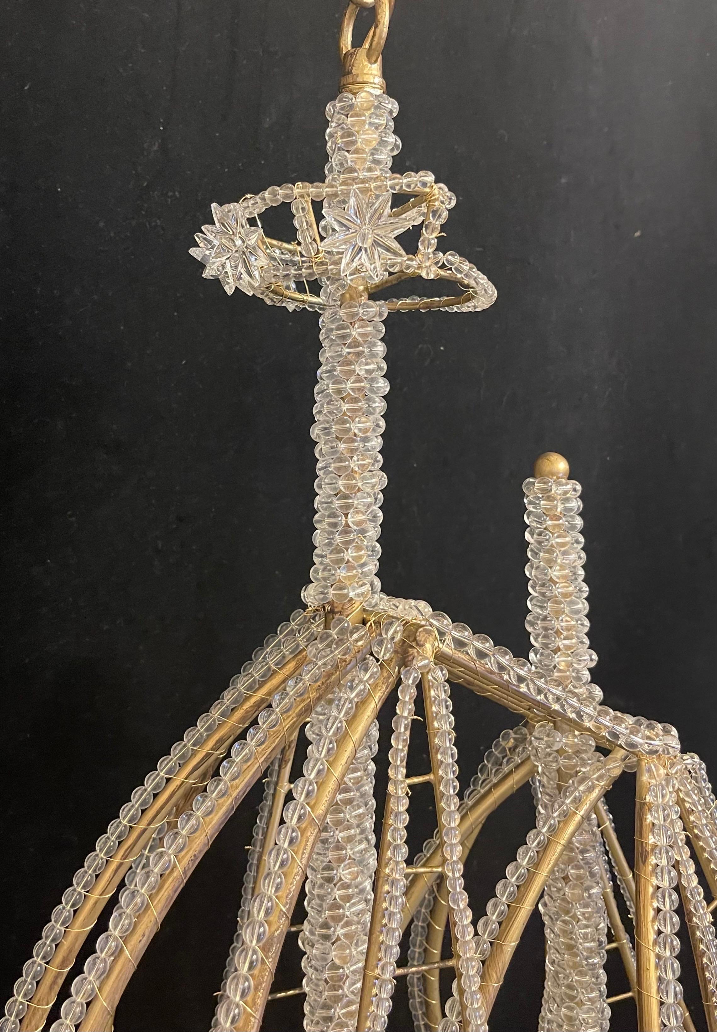 Beautiful Vintage Large Italian Crystal Beaded Gilt Boat Chandelier Ship Fixture In Good Condition In Roslyn, NY
