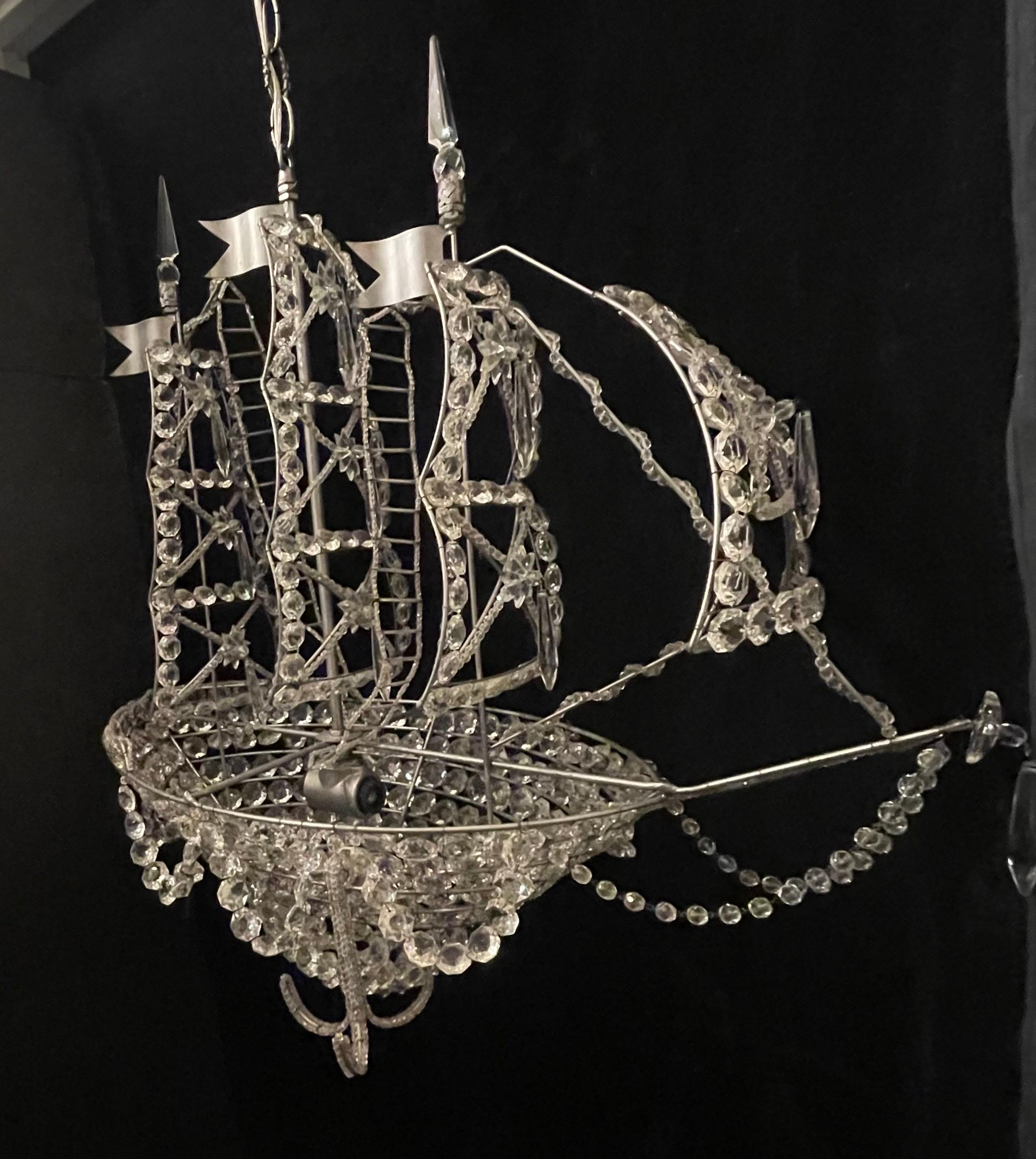 Beads Beautiful Vintage Large Italian Crystal Beaded Gilt Boat Chandelier Ship Fixture For Sale
