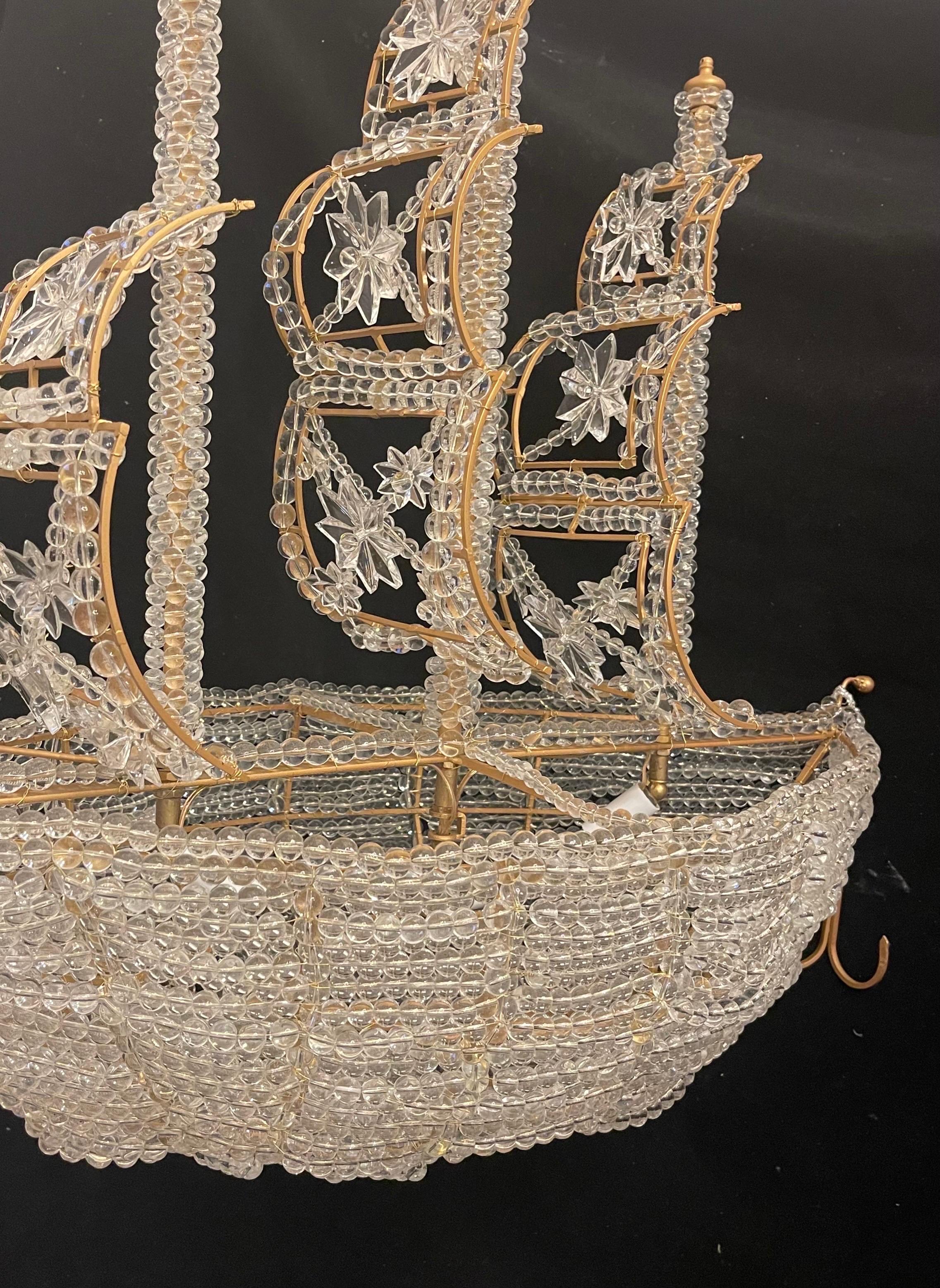 Beautiful Vintage Large Italian Crystal Beaded Gilt Boat Chandelier Ship Fixture 3