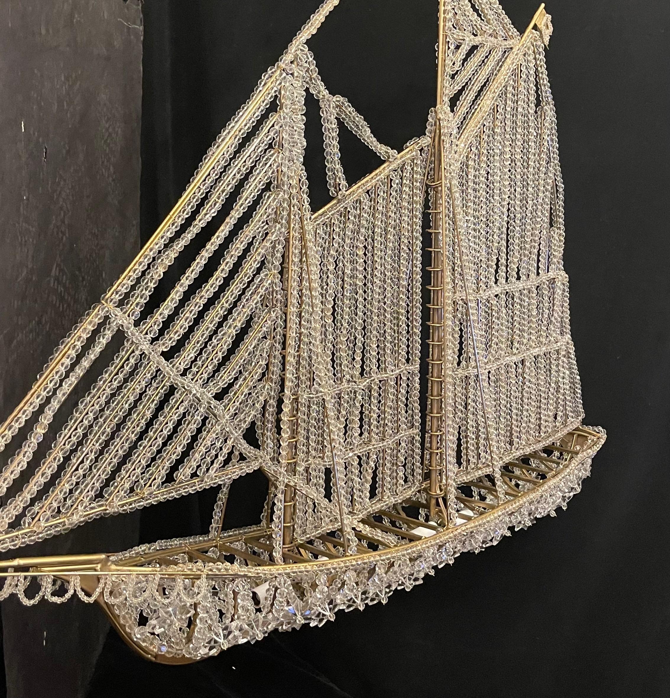 Beautiful Vintage Large Italian Crystal Beaded Gilt Boat Chandelier Ship Fixture 1