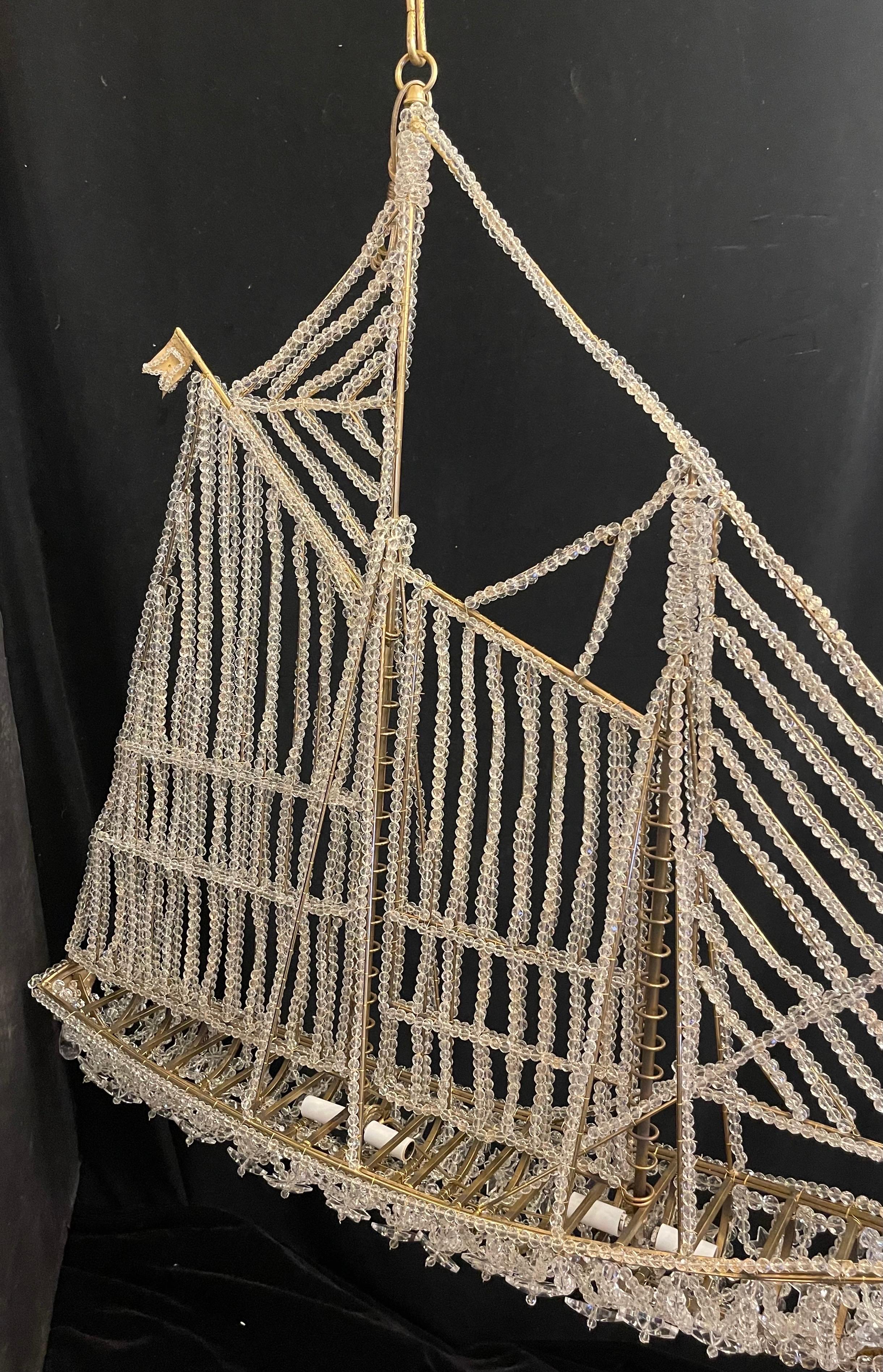 Beautiful Vintage Large Italian Crystal Beaded Gilt Boat Chandelier Ship Fixture 3