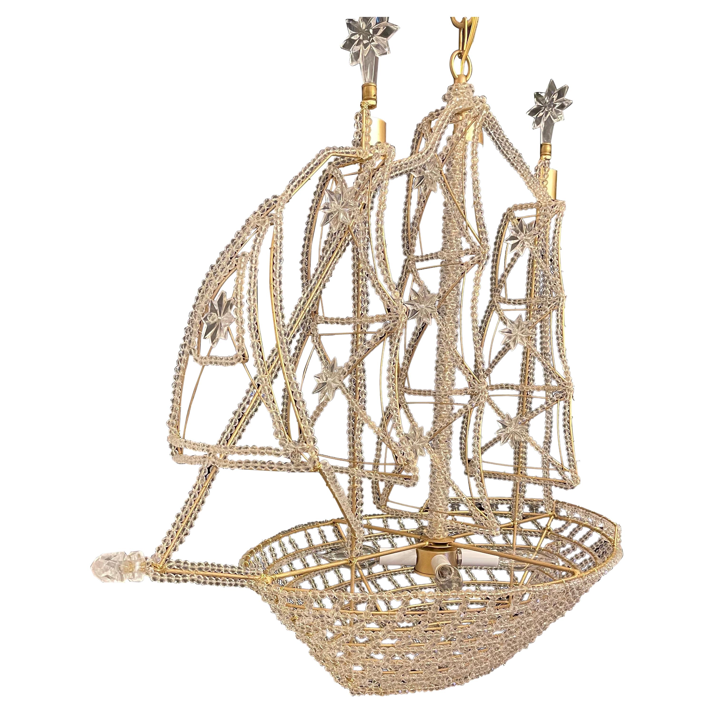 Beautiful Vintage Large Italian Crystal Beaded Gilt Boat Chandelier Ship Fixture