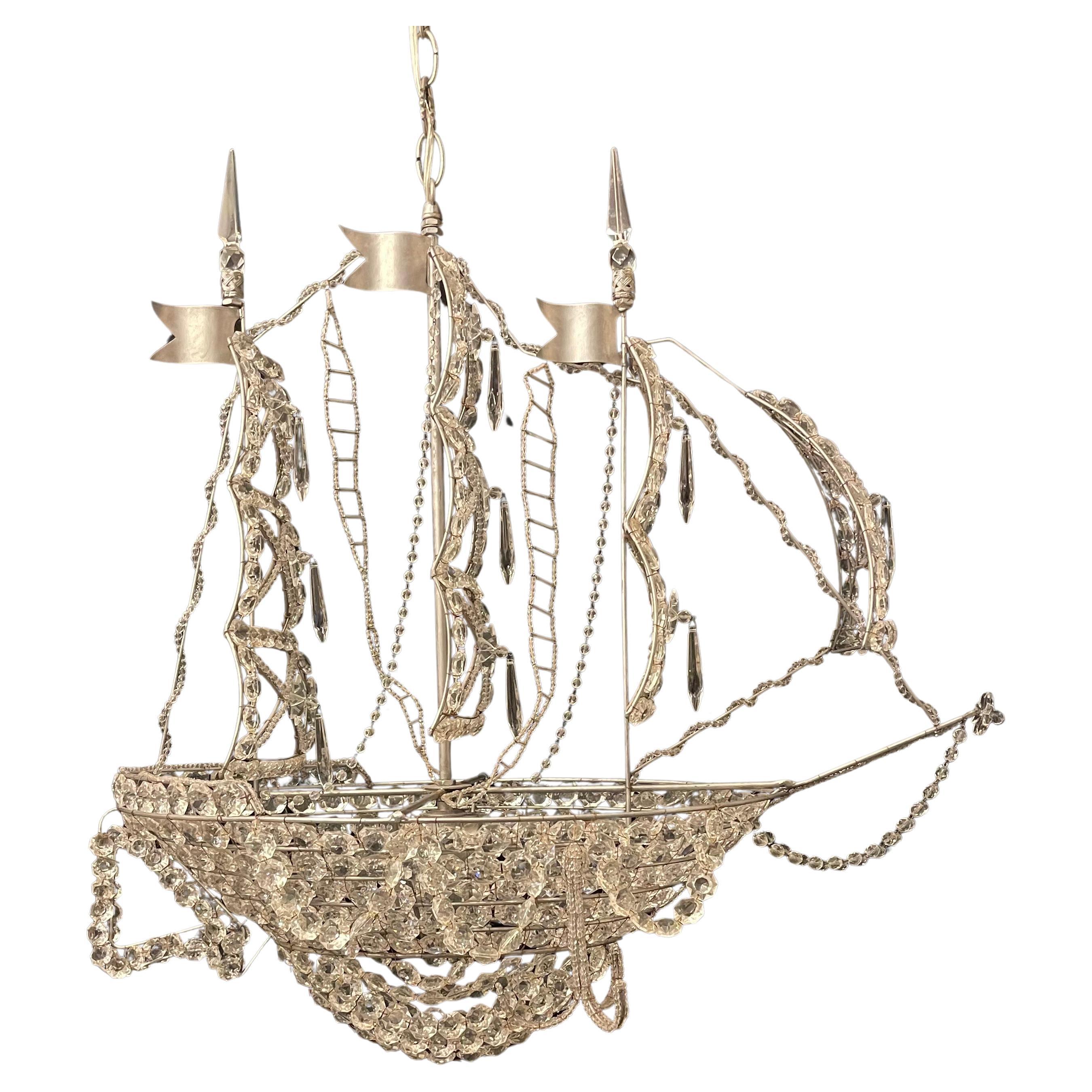 Beautiful Vintage Large Italian Crystal Beaded Gilt Boat Chandelier Ship Fixture For Sale