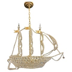Beautiful Vintage Large Italian Crystal Beaded Gilt Boat Chandelier Ship Fixture