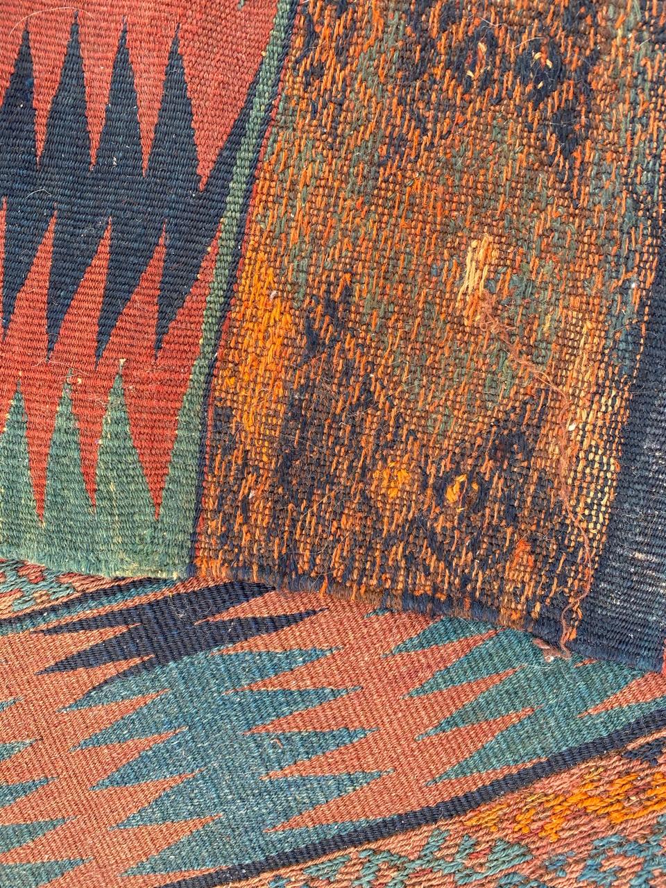 Very nice Anatolian long Kilim with a tribal design and nice colors with blue, red, green, white and orange, entirely handwoven with wool on wool foundation.