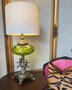 Beautiful Vintage Italian Empoli Green Glass Cherub Table Lamp