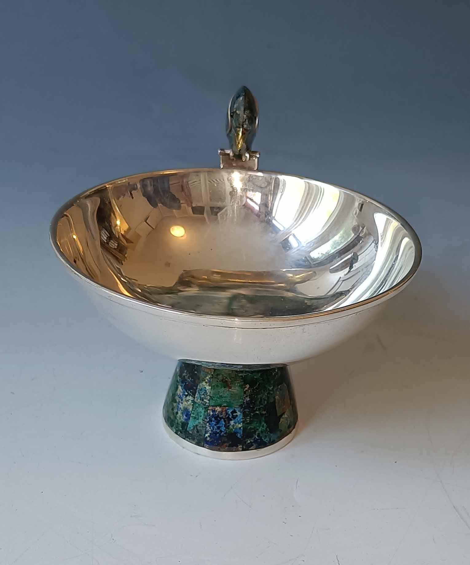Hand-Crafted Beautiful Vintage Mexican Los Castillo Taxco Silver Plate pedestal Parrot bowl