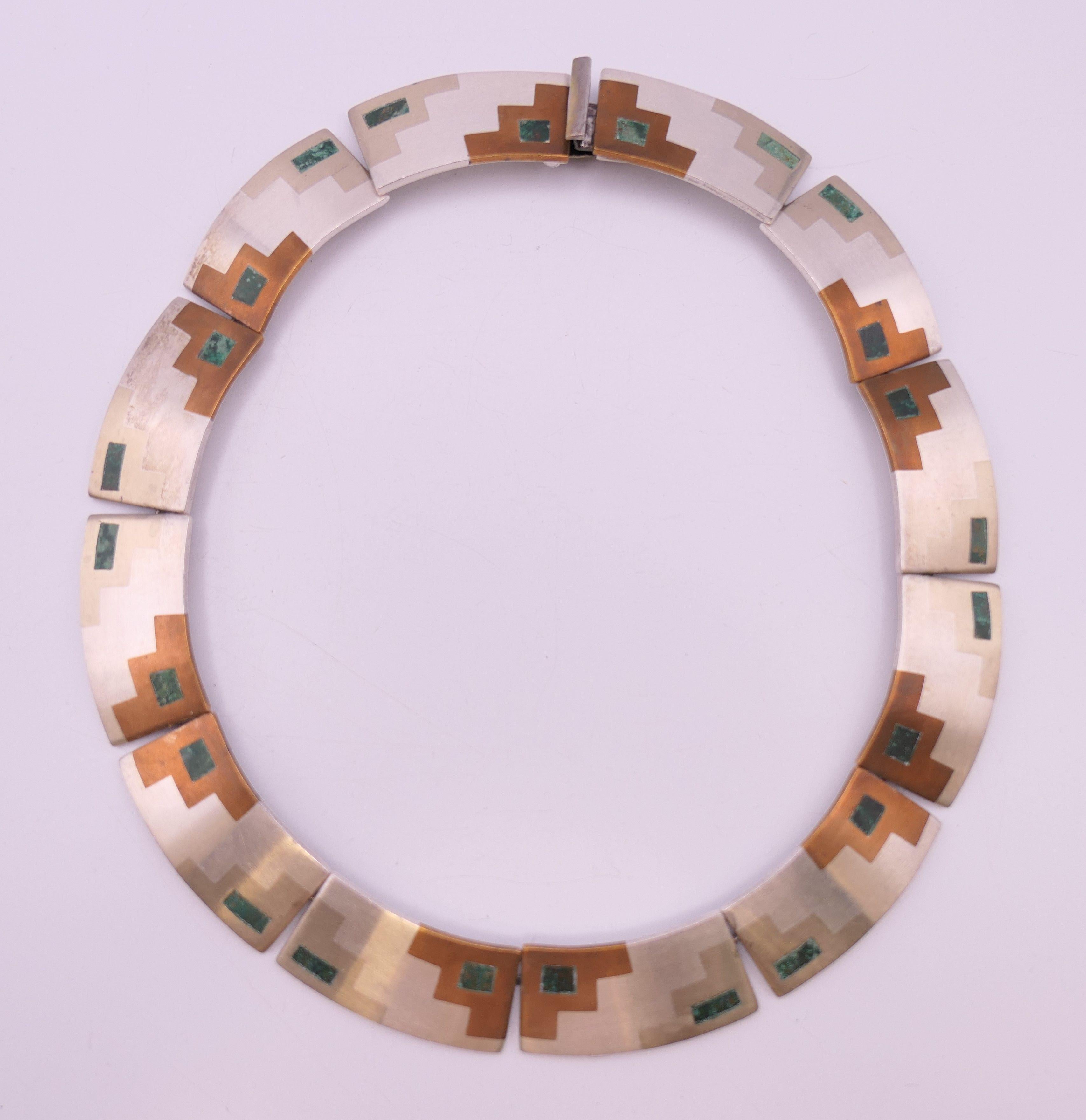 Beautiful Vintage Mexican Taxco silver Modernist design necklace with mixed metals and Abalone inlays
Marked  JL Metales 925 sterling mark
1960`s period
Fine condition.
