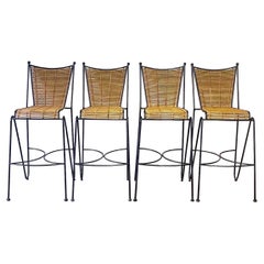 Beautiful Vintage Mid-Century Modern Iron and Bamboo Reed Set of Four Barstools