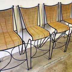 Beautiful Vintage Mid-Century Modern Iron and Bamboo Reed Set of Four Barstools