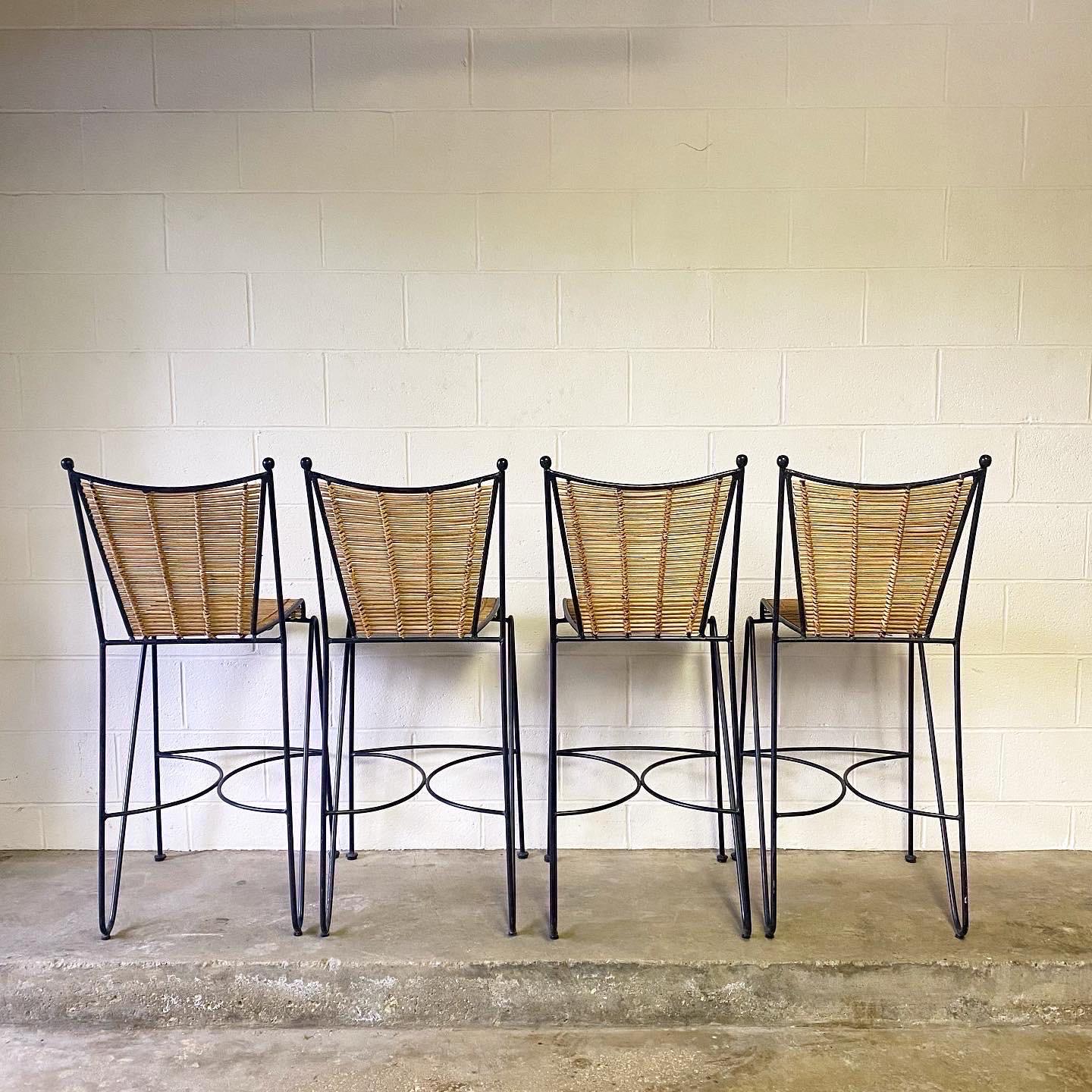 Beautiful Vintage Mid-Century Modern Iron and Bamboo Reed Set of Four Barstools In Good Condition In Munroe Falls, OH