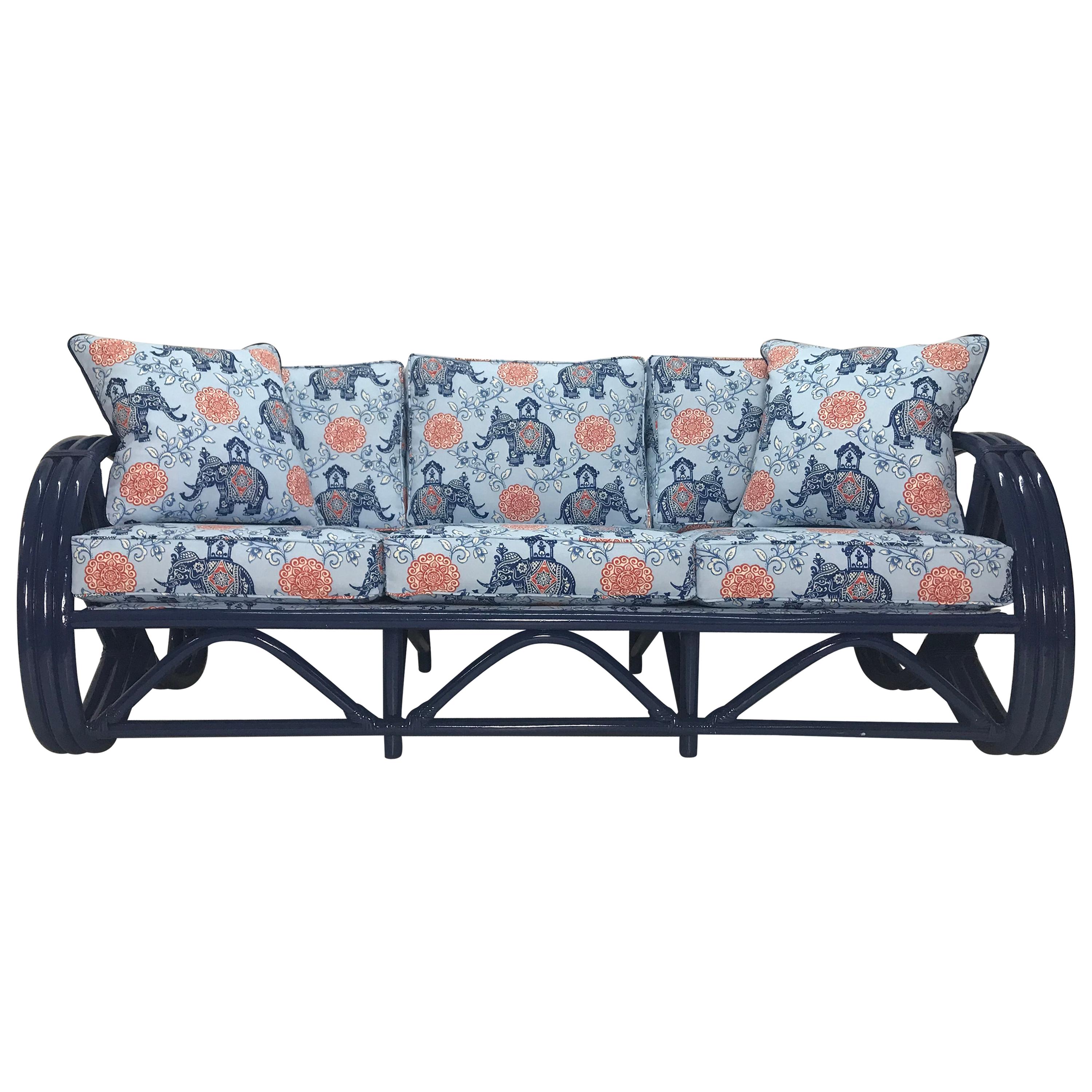 Beautiful Vintage Navy Pretzel Rattan Sofa With Pillows