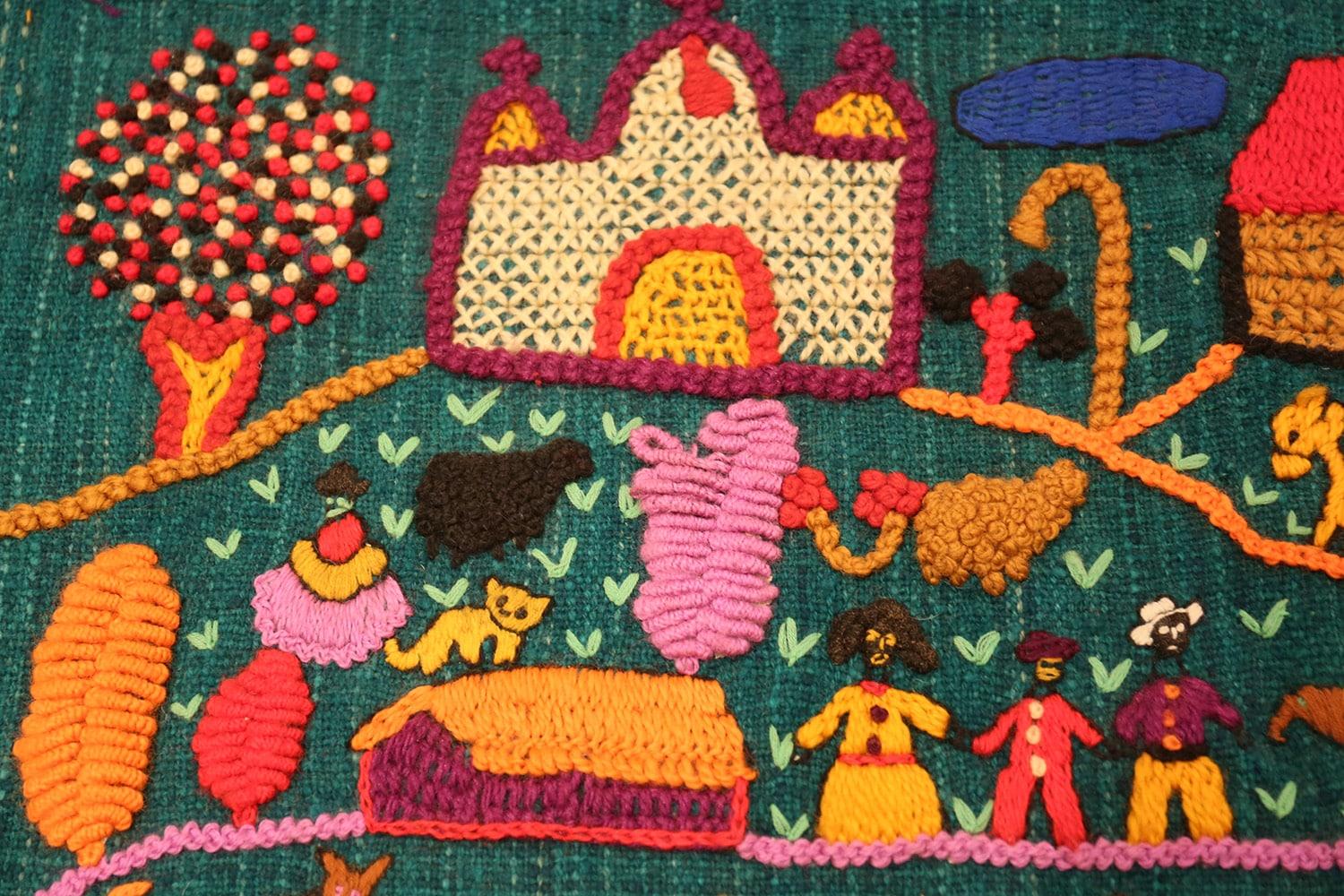 Folk Art Beautiful Vintage Needlepoint / Colombian Arpillera Embroidery 2'1