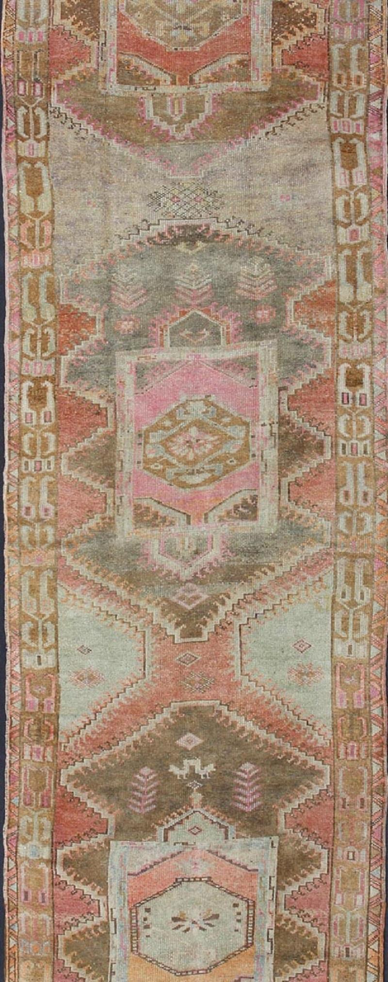 Turkish Beautiful Vintage Oushak Gallery Rug from Turkey with Tribal Design