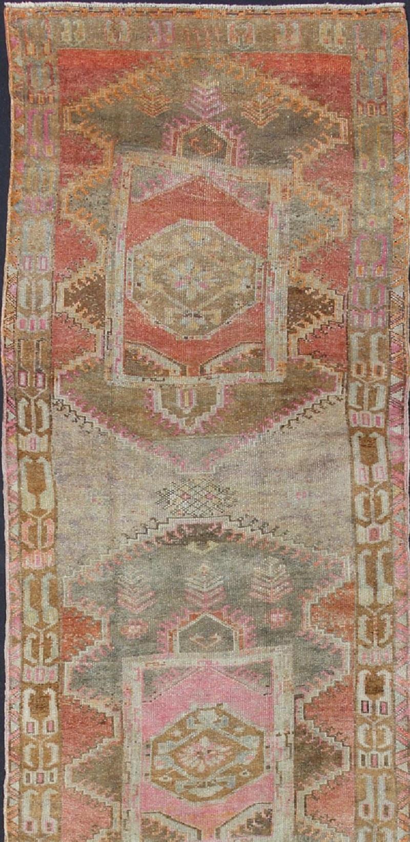 Hand-Knotted Beautiful Vintage Oushak Gallery Rug from Turkey with Tribal Design