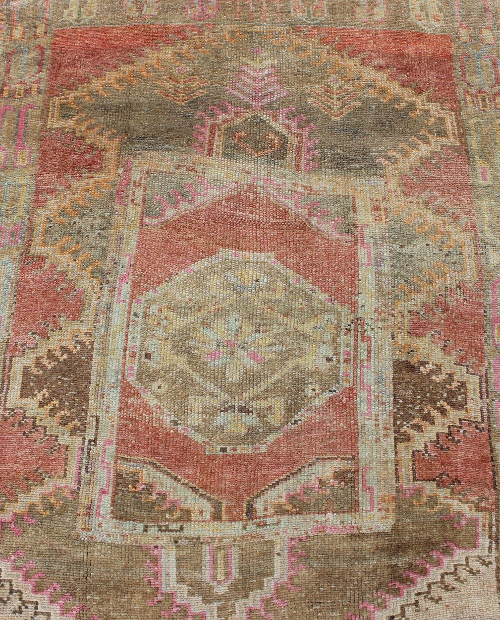 Wool Beautiful Vintage Oushak Gallery Rug from Turkey with Tribal Design