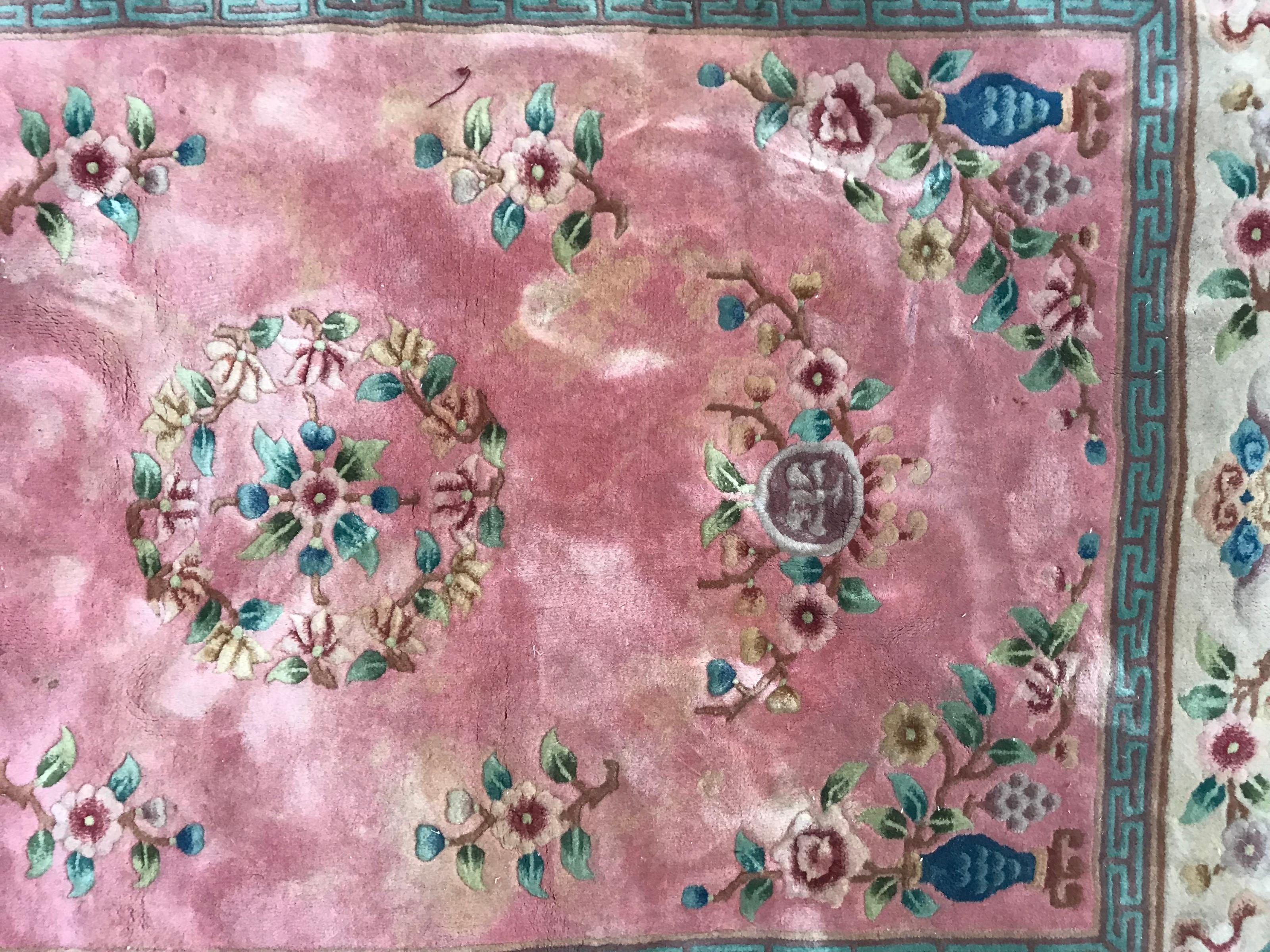 Chinoiserie Beautiful Vintage Pink Chinese Rug