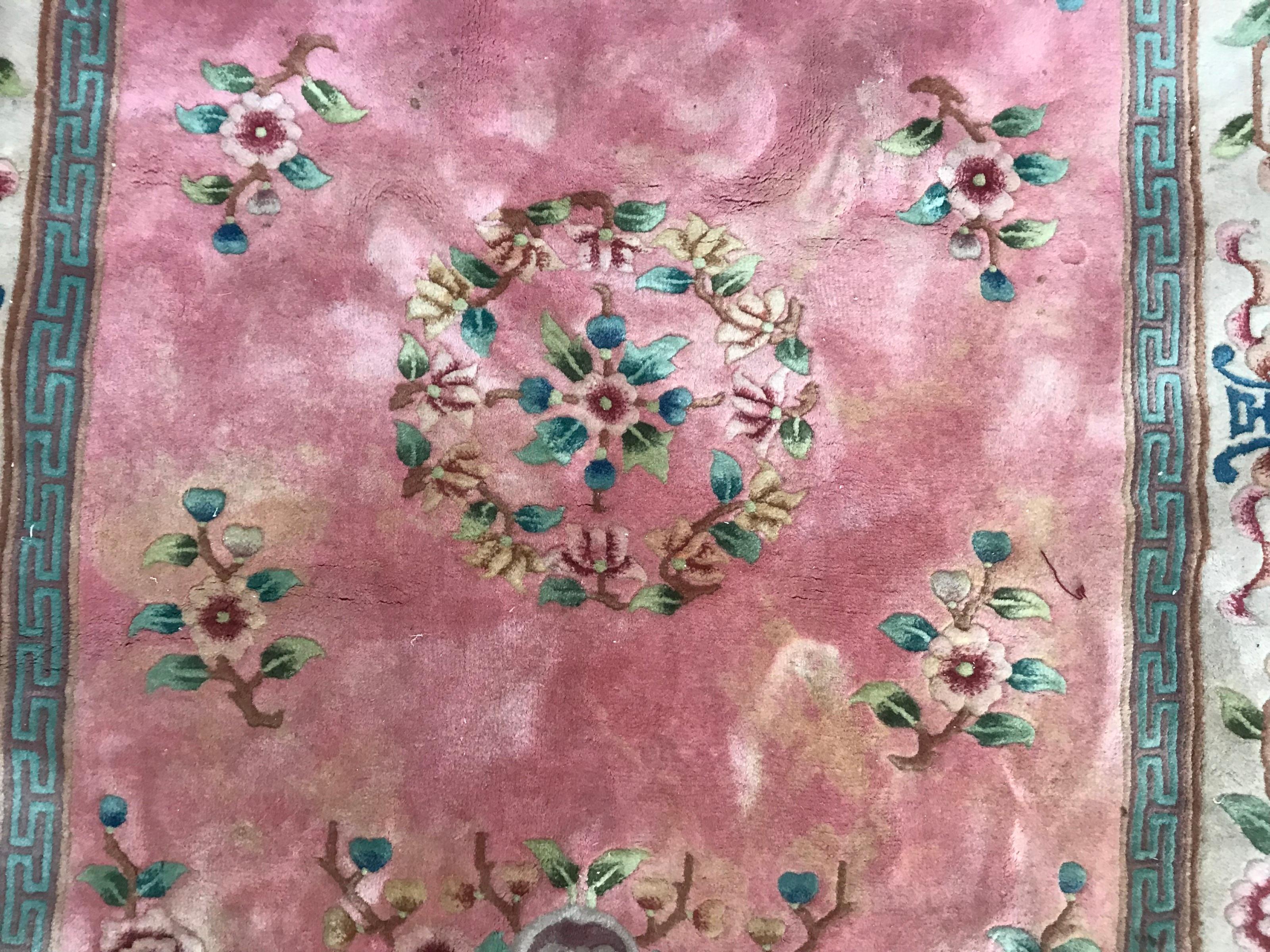 Chinoiserie Bobyrug’s Beautiful Vintage Pink Chinese Rug For Sale