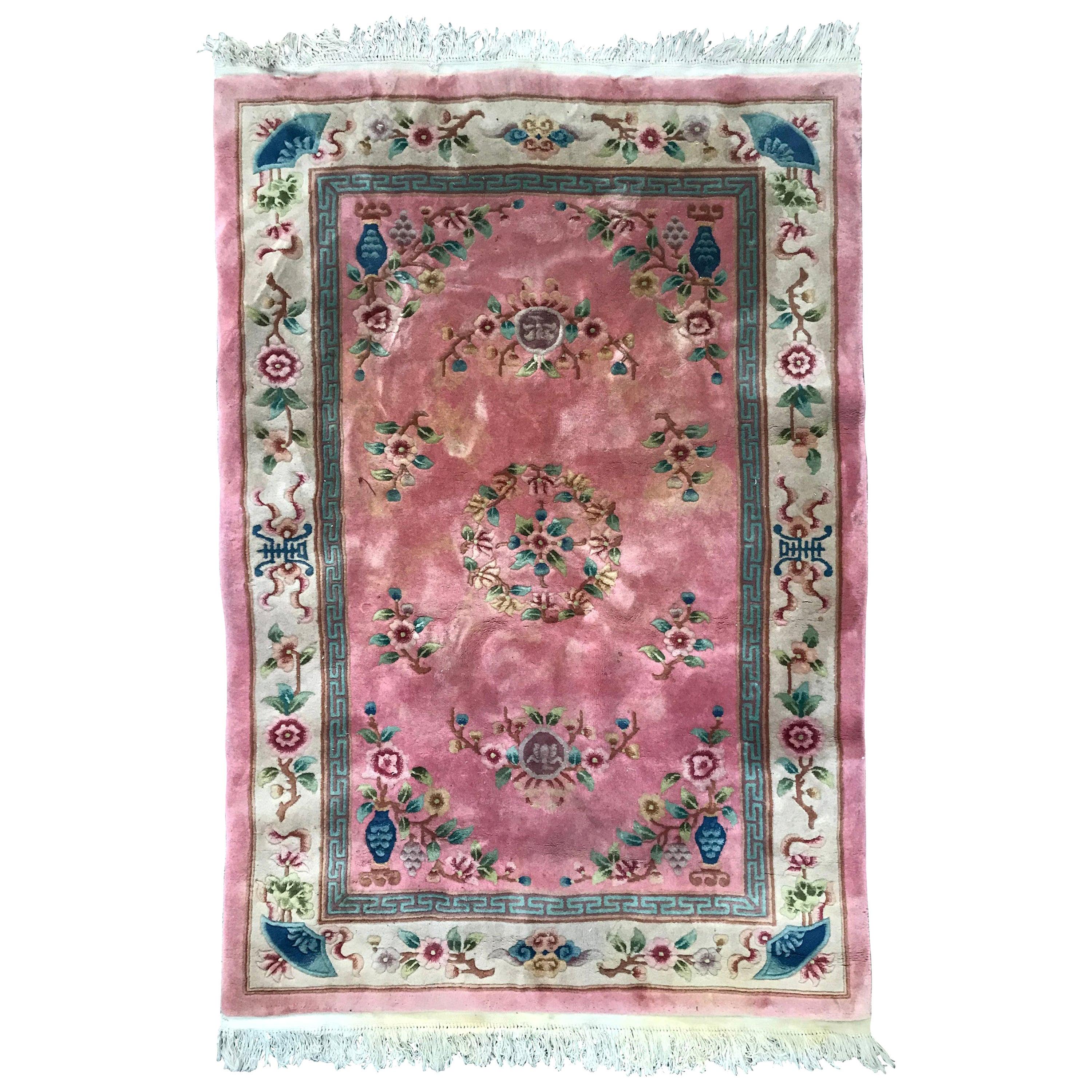Bobyrug’s Beautiful Vintage Pink Chinese Rug For Sale