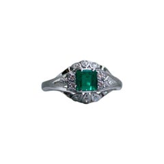 Beautiful Vintage Platinum Diamond and Emerald Ring, 0.77 Carat