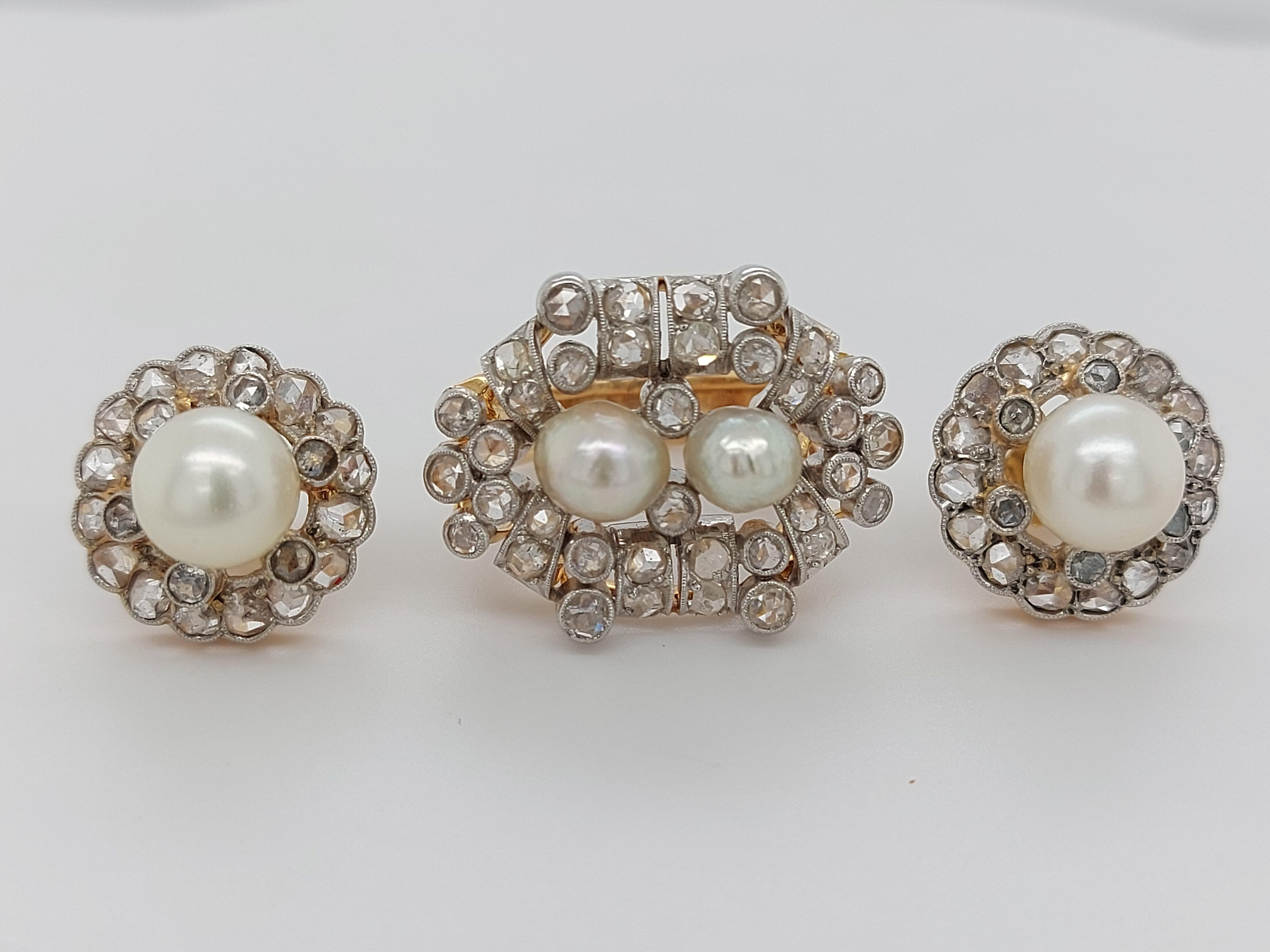 Beautiful Platinum and Gold Ring and Earrings Rose Cut Diamonds and Pearls For Sale 4