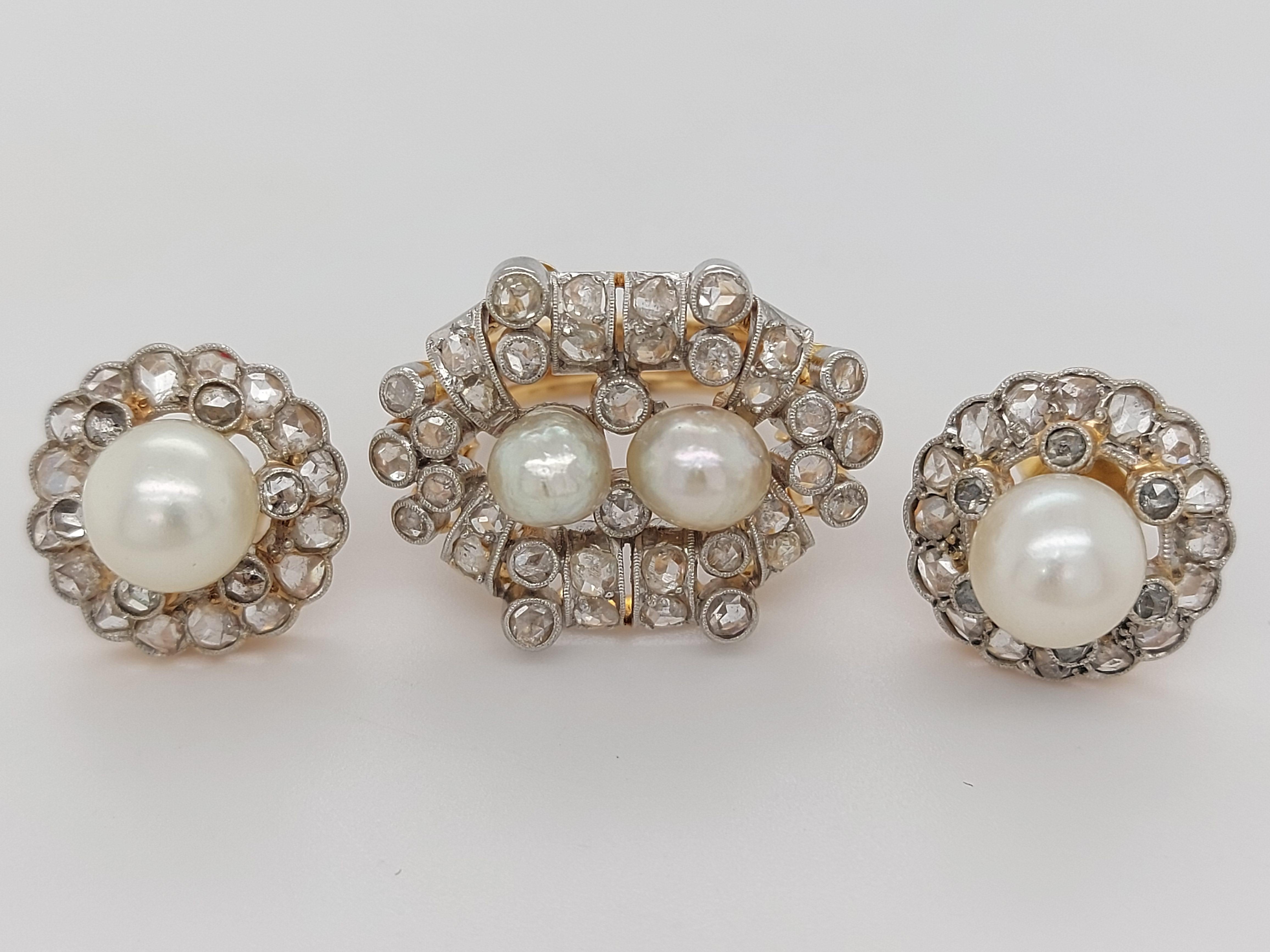 Beautiful Platinum and Gold Ring and Earrings Rose Cut Diamonds and Pearls For Sale 7