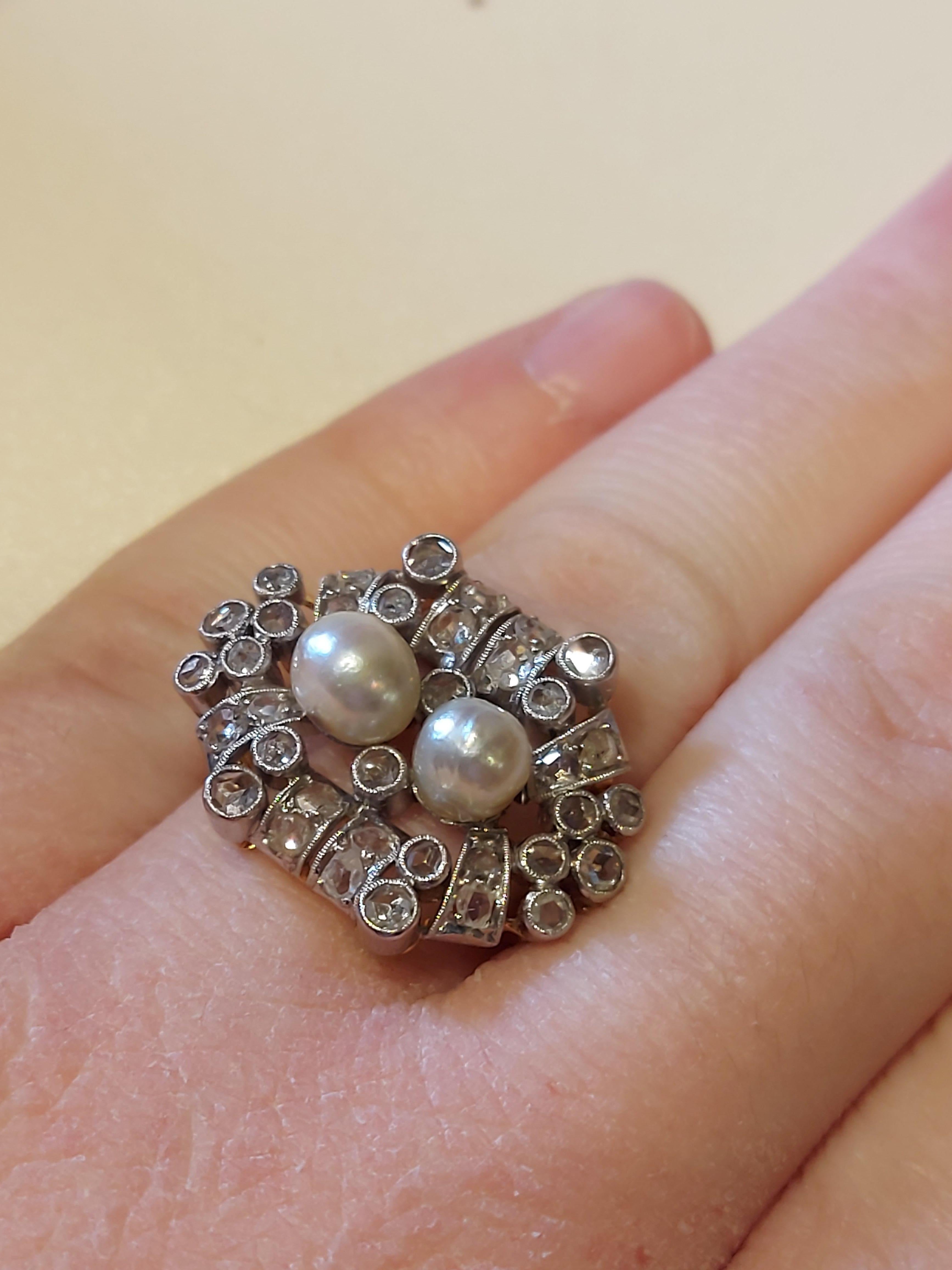 Beautiful Platinum and Gold Ring and Earrings Rose Cut Diamonds and Pearls For Sale 9