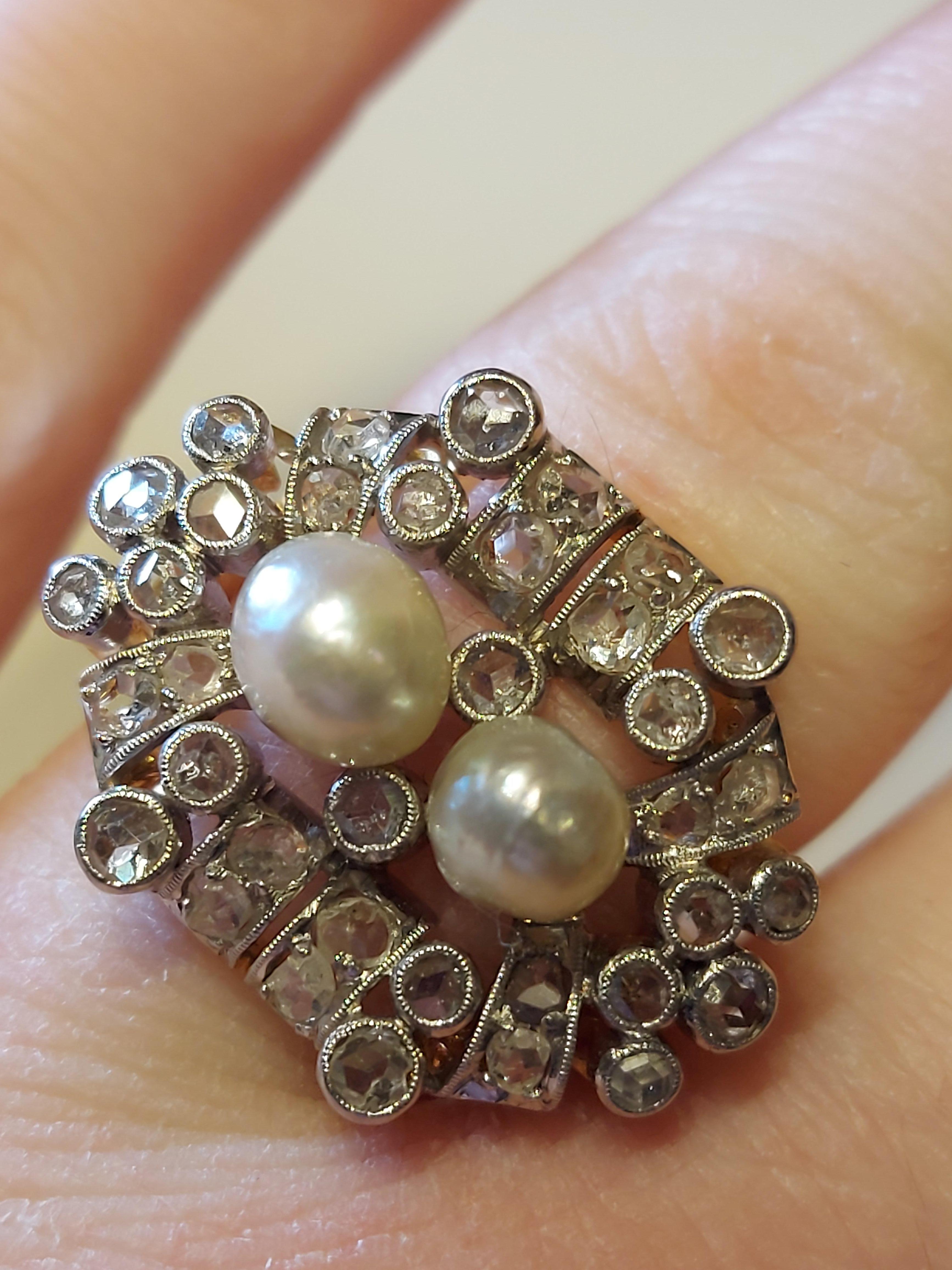 Beautiful Platinum and Gold Ring and Earrings Rose Cut Diamonds and Pearls For Sale 10