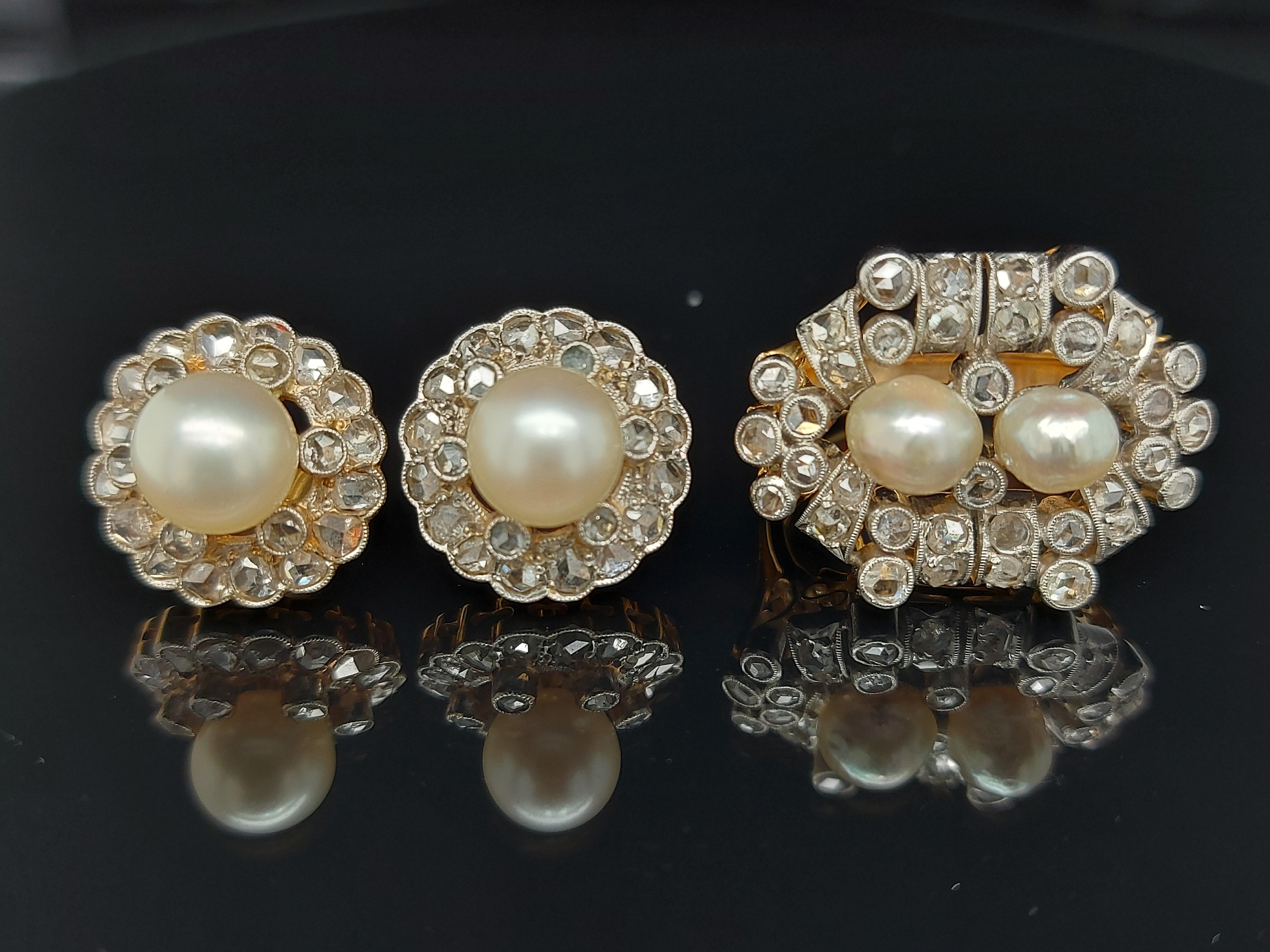 Beautiful Vintage Platinum & 18 kt Ring & Earrings with Rose cut Diamonds & Natural Pearls

Diamonds: 32 rose cut diamonds

Pearls: 2 with a diameter of approx 6.4 mm 

Material: Platinum and yellow gold

Ring size: 51 ( can be adjusted for