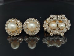 Beautiful Platinum and Gold Ring and Earrings Rose Cut Diamonds and Pearls