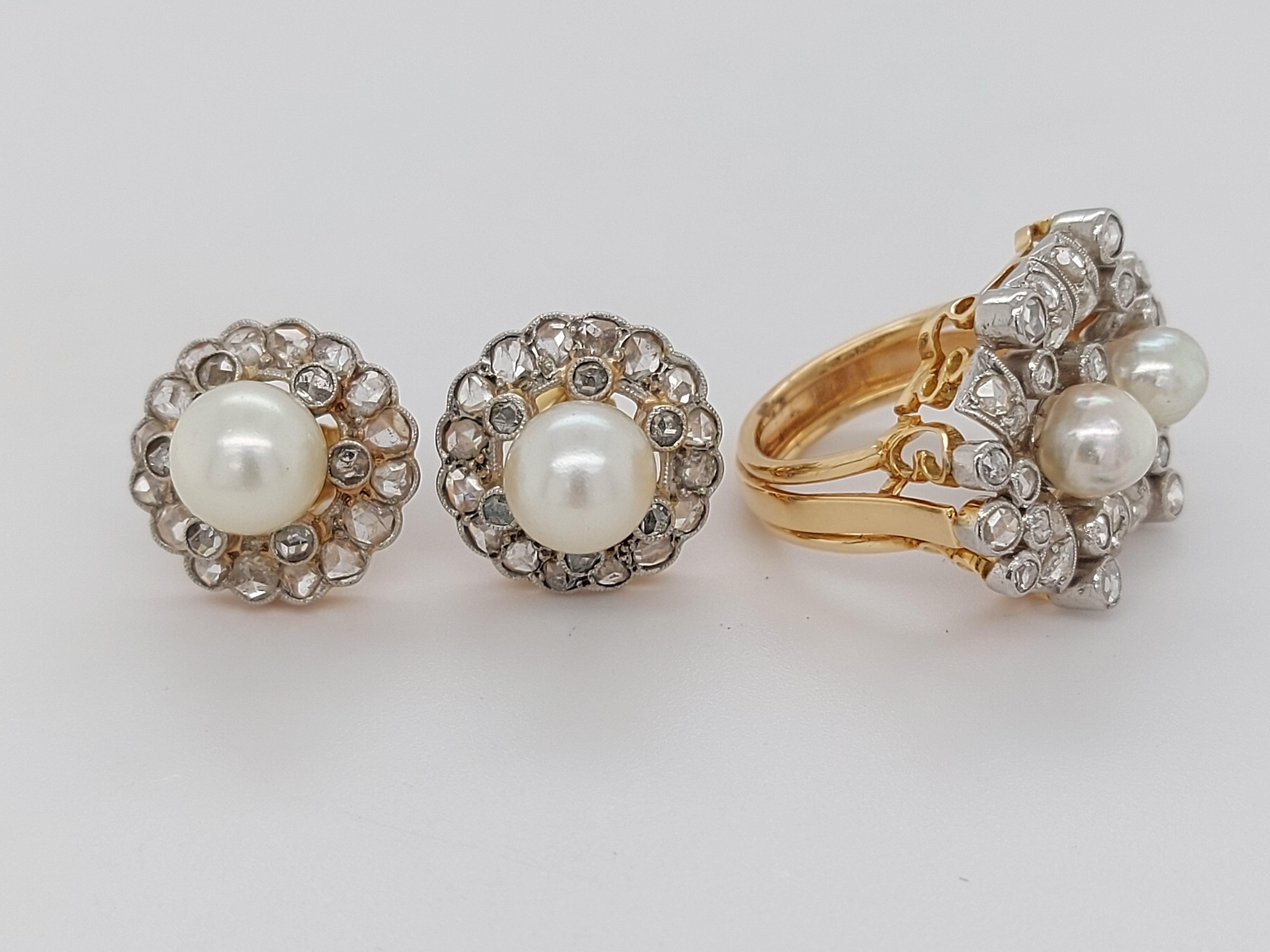 Artisan Beautiful Platinum and Gold Ring and Earrings Rose Cut Diamonds and Pearls For Sale