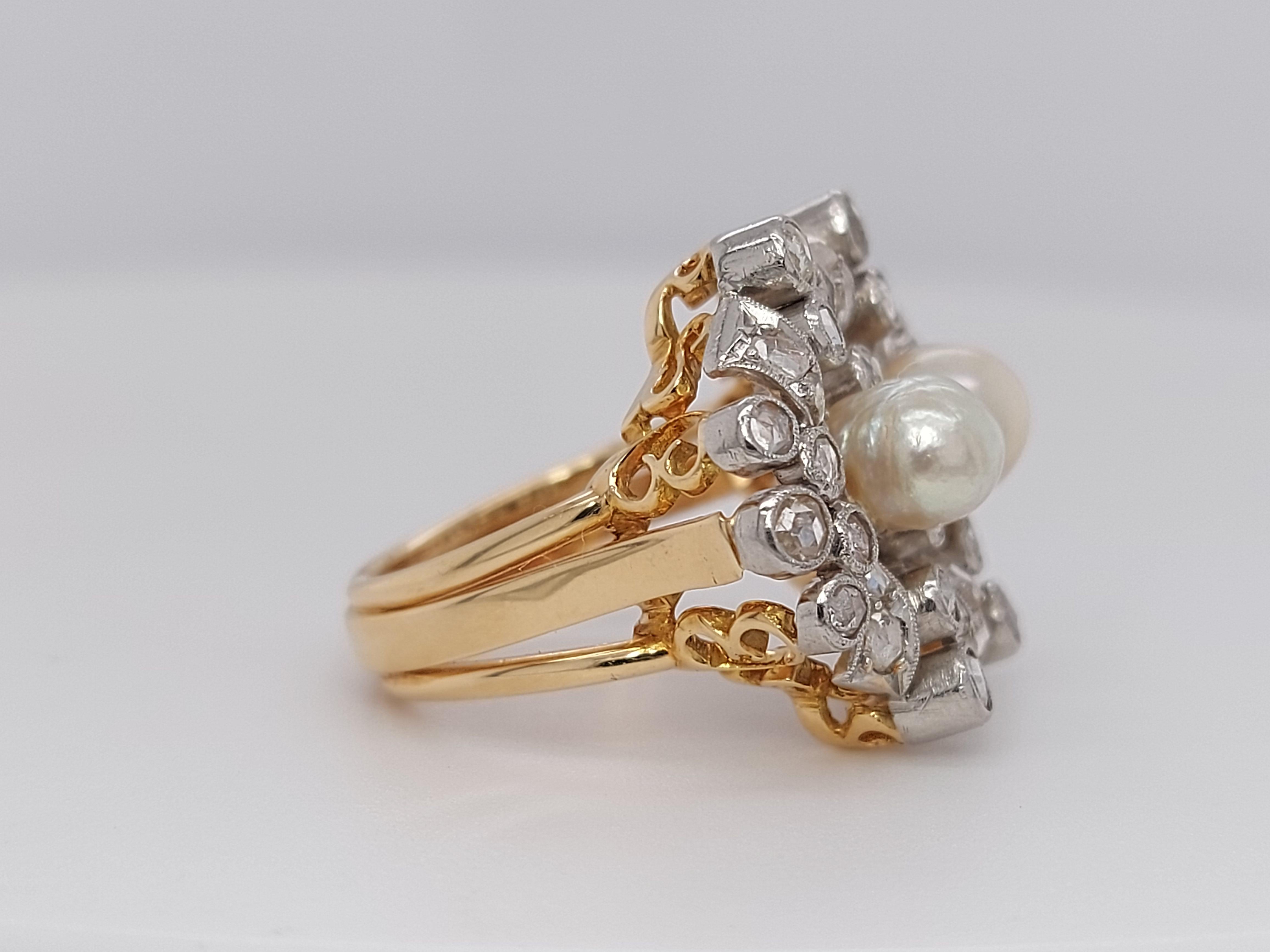 Women's or Men's Beautiful Platinum and Gold Ring and Earrings Rose Cut Diamonds and Pearls For Sale