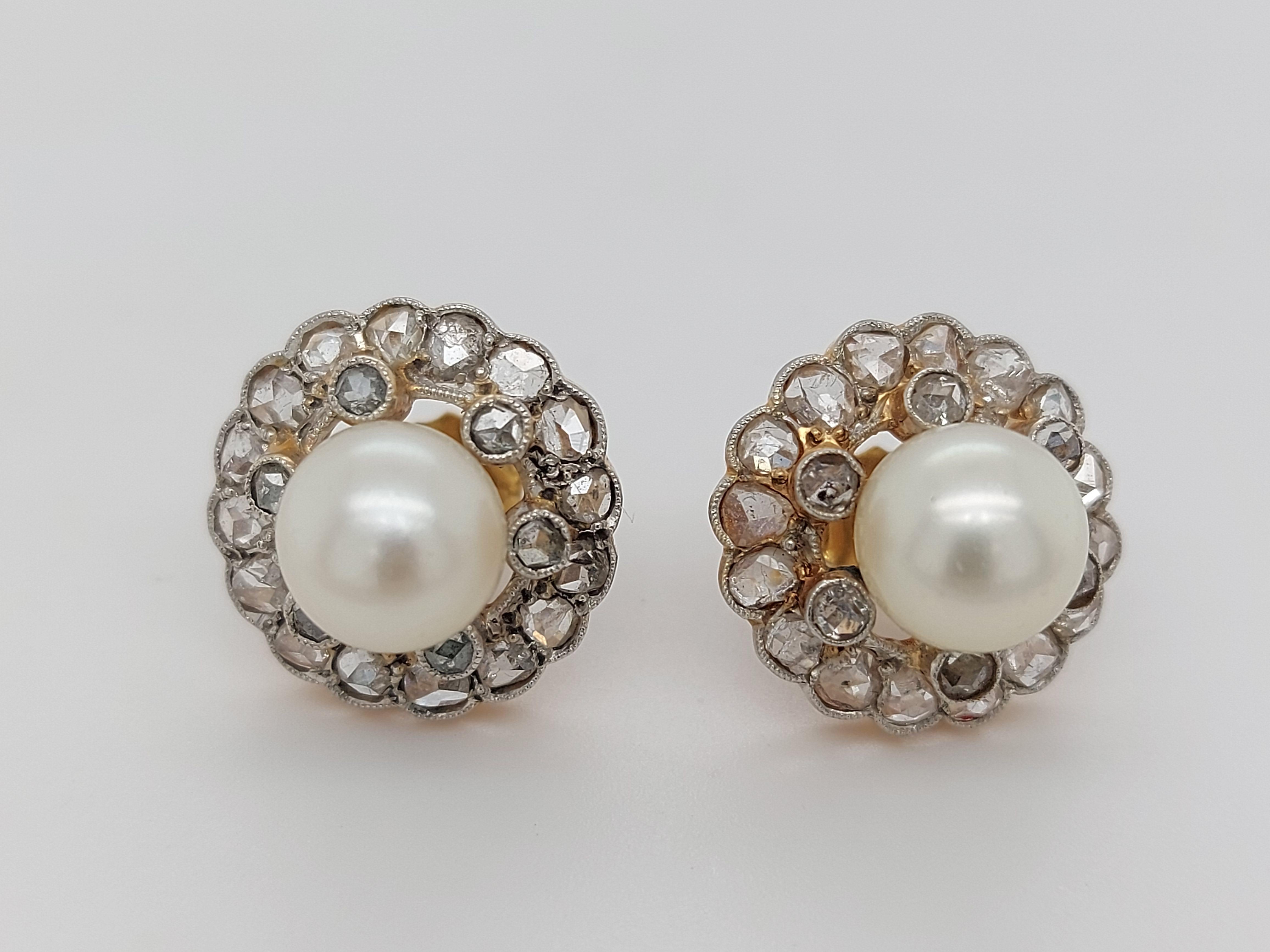 Beautiful Platinum and Gold Ring and Earrings Rose Cut Diamonds and Pearls For Sale 1