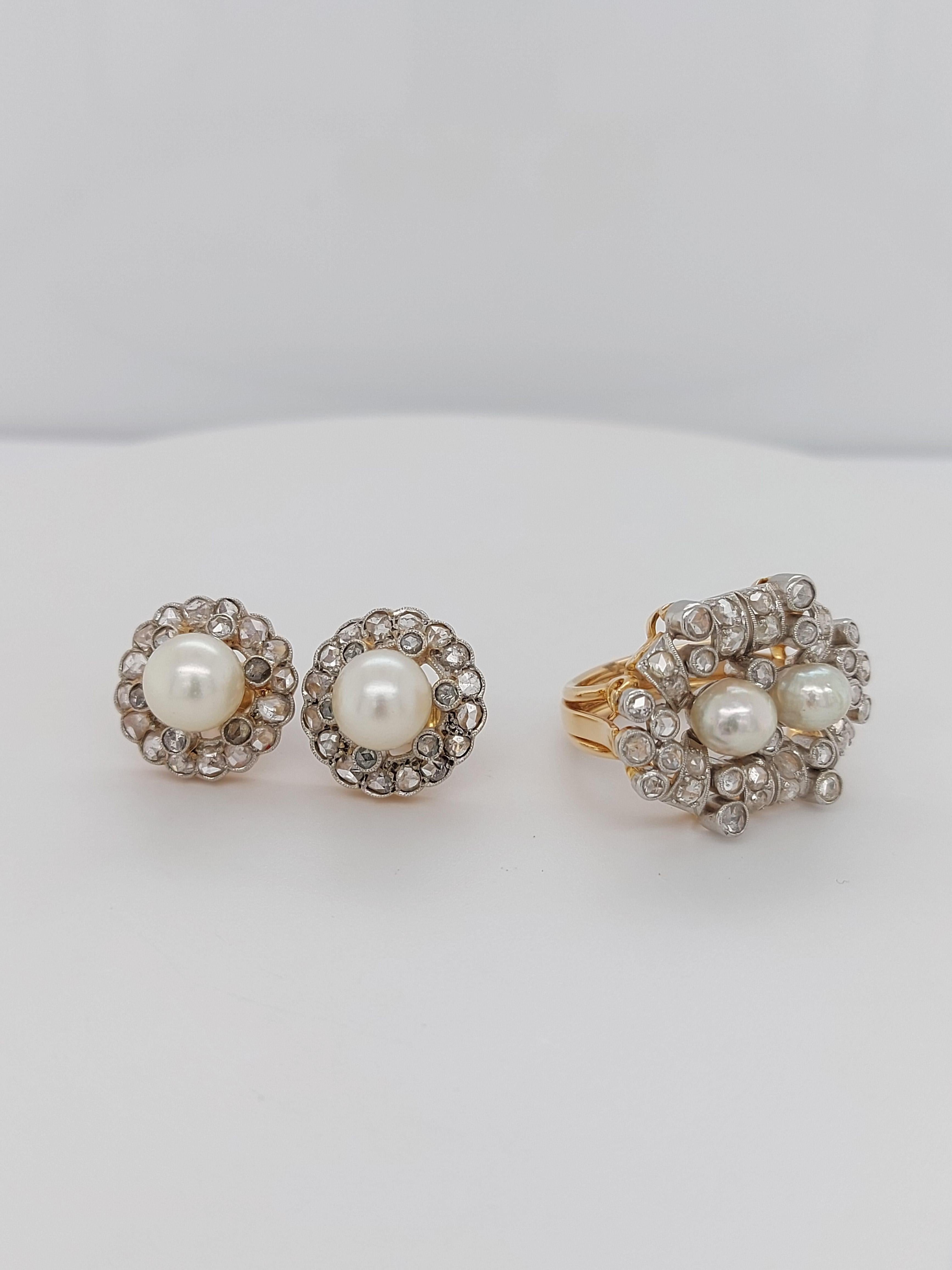 Beautiful Platinum and Gold Ring and Earrings Rose Cut Diamonds and Pearls For Sale 2
