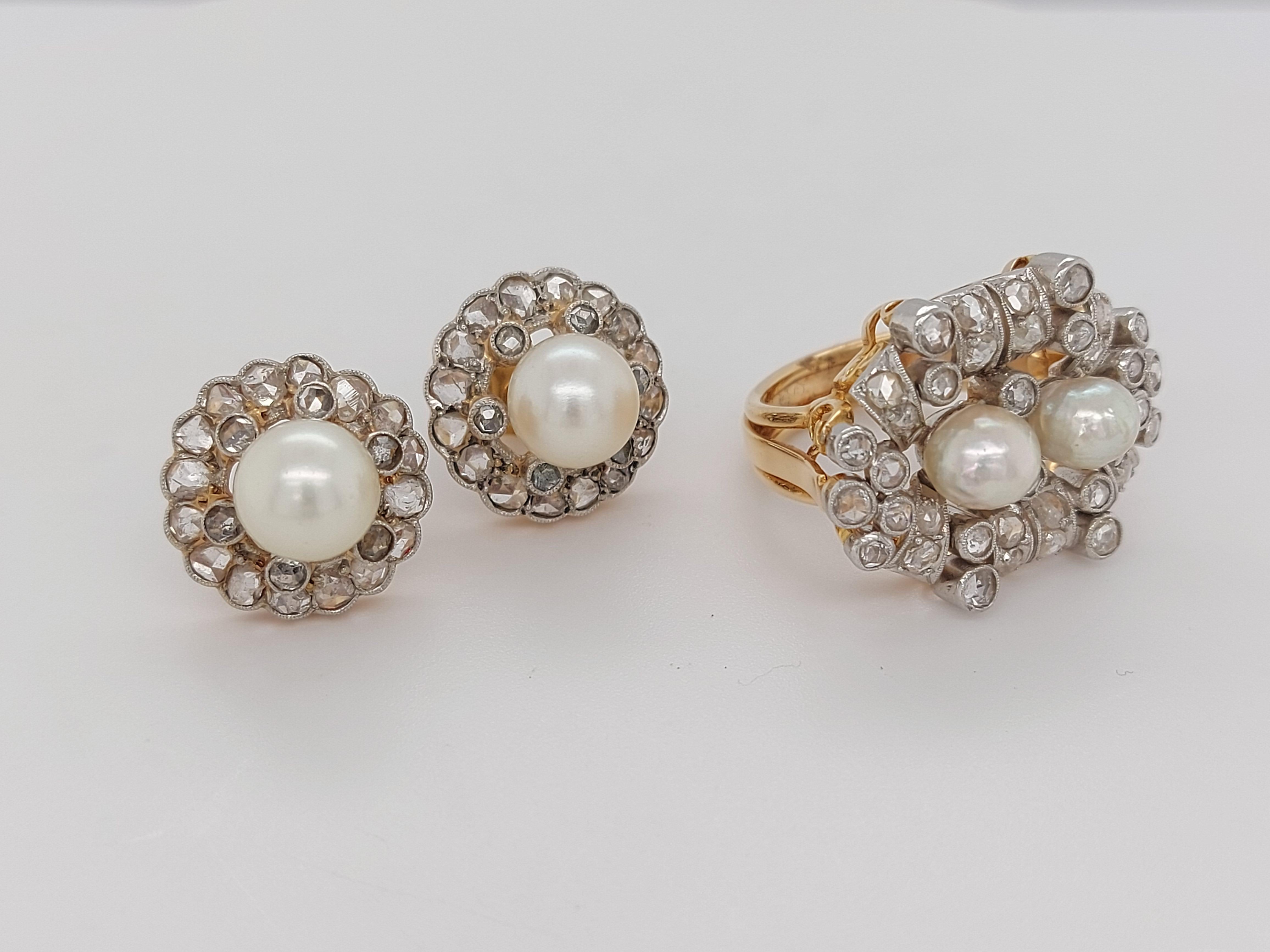 Beautiful Platinum and Gold Ring and Earrings Rose Cut Diamonds and Pearls For Sale 3