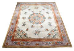 Oriental Vintage Rug Art Deco Style Chinese Rugs, Cream Handmade Carpet Rugs