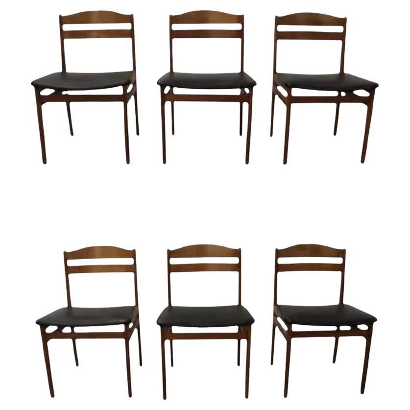 Magnifique ensemble vintage de 6 chaises de salle à manger danoises modernes en teck, tapisserie noire