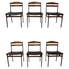 Magnifique ensemble vintage de 6 chaises de salle à manger danoises modernes en teck, tapisserie noire