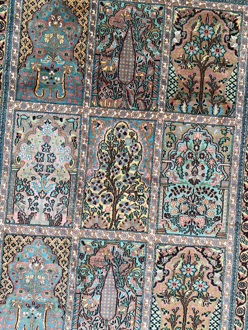 Nice little Pakistani Kashmir rug with a beautiful Persian design and nice colors, entirely hand knotted with silk and cotton velvet on cotton foundation.