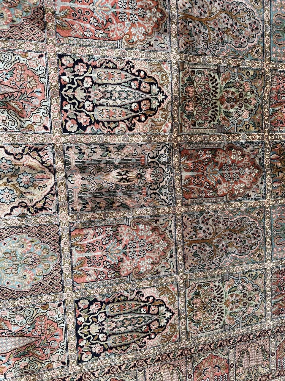 Very beautiful vintage silk Kashmir rug with nice design with grids representing different designs with mihrabs, stylized flowers, trees and gardens, each with a different color; very decorative! and nice colour with orange, pink, yellow, green,
