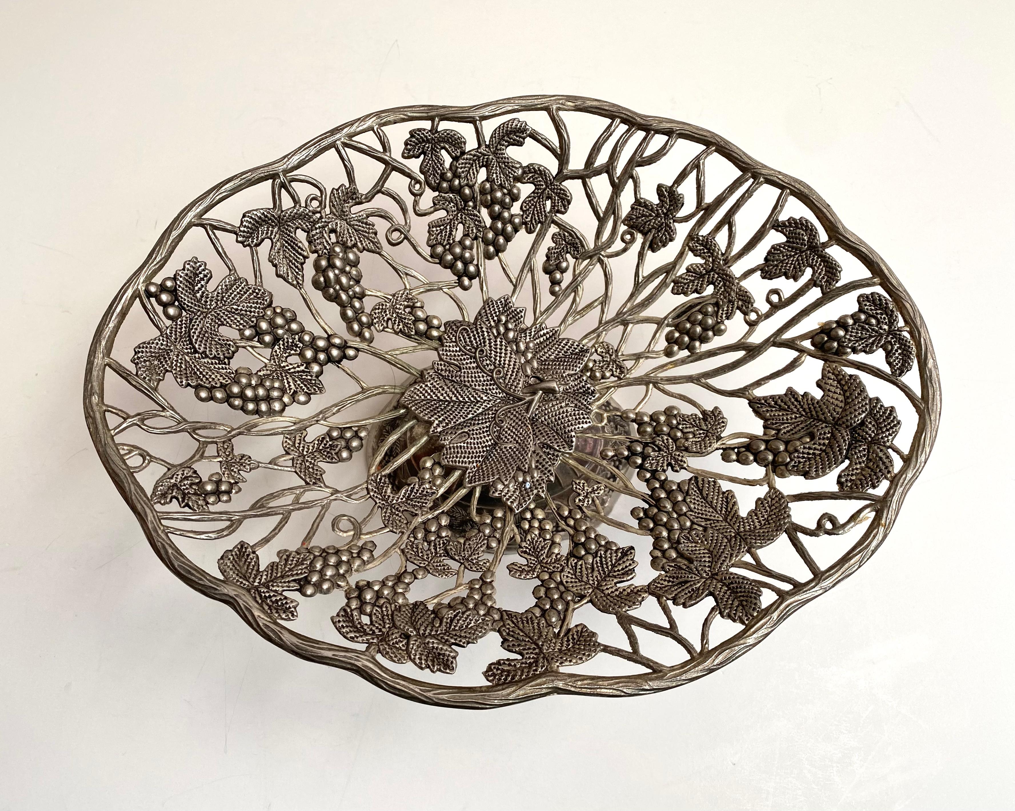 Vintage silver plated footed centrepiece in Art Nouveau style, France, 1960s.

Beautifully detailed in Art Nouveau pattern with grape & vines all around.

An elegant epergne for serving dessert. It can be not only fruit platter, but also