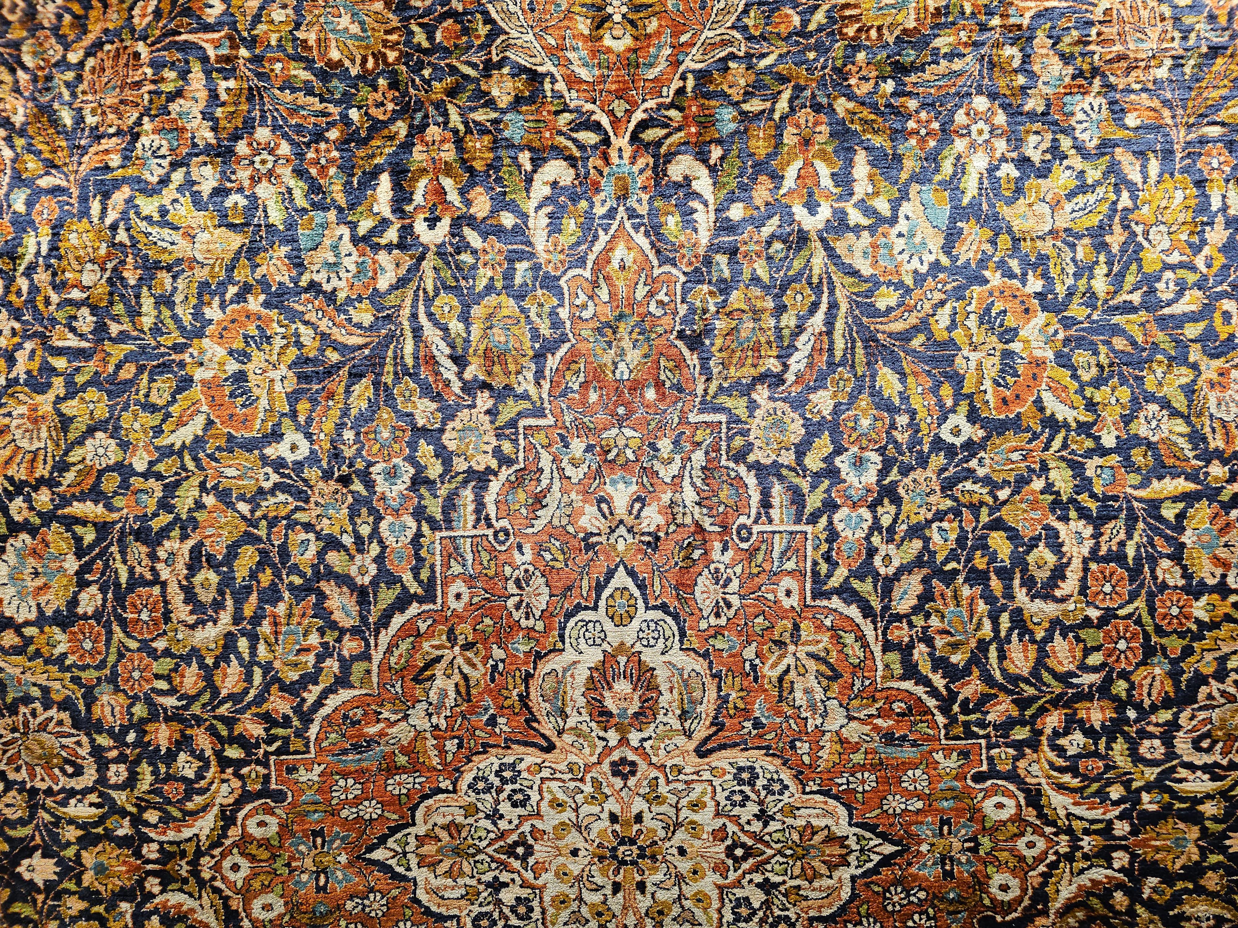 Vintage Persian Silk Tabriz Rug in Floral Design in Navy Blue, Rust, Yellow, Red For Sale 4